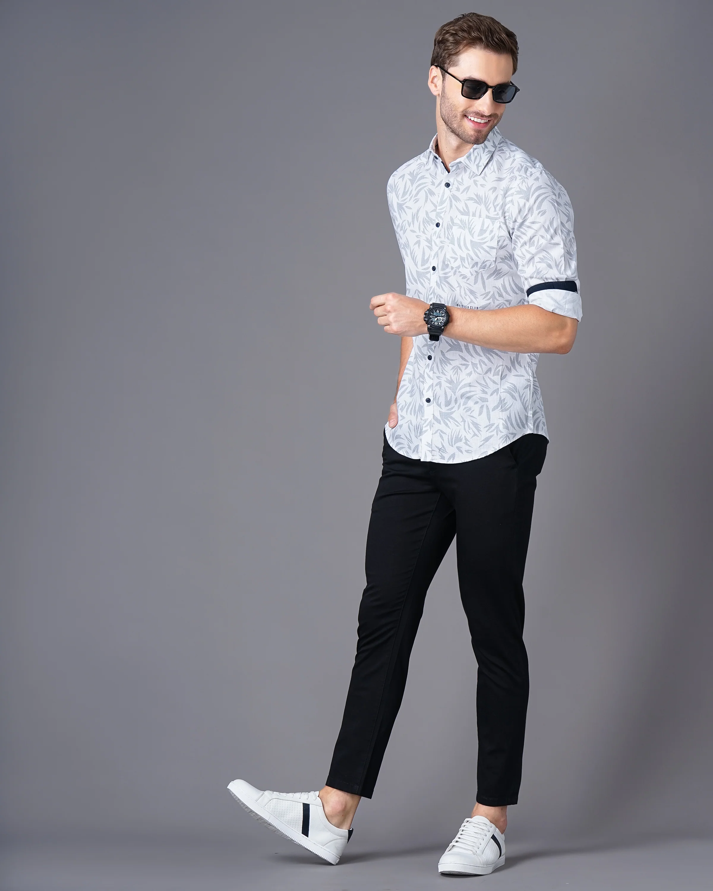 Men White Leaf Print Shirt - Image 9