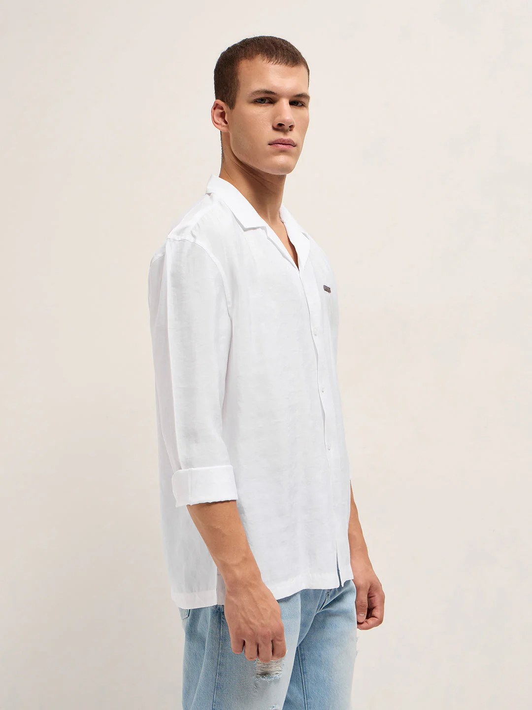Men White Lenzing Modal Solid Oversize Fit Casual Shirt - Image 3