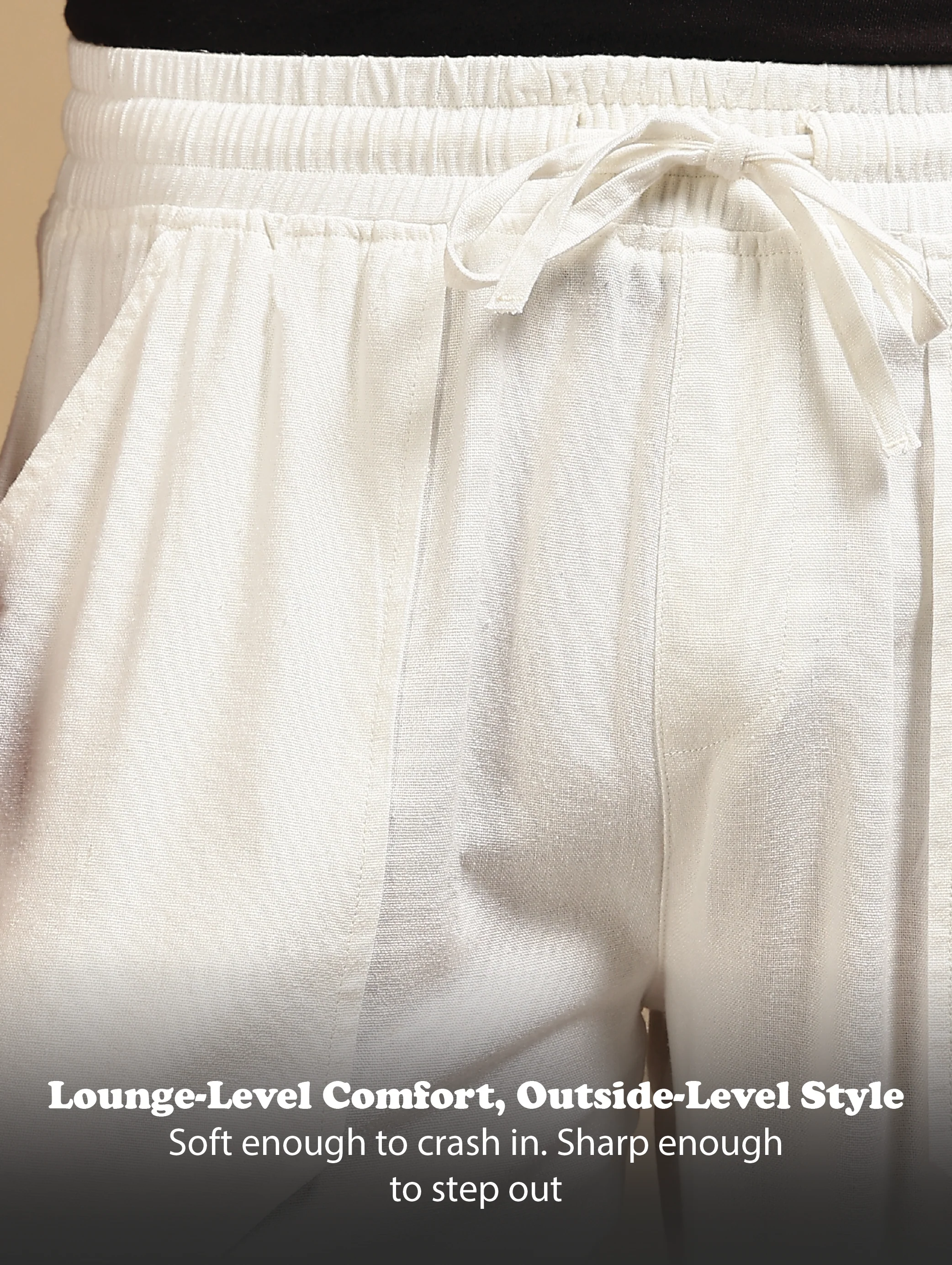 Men White Linen Blend Loose Fit Drawcord Trousers - Image 13