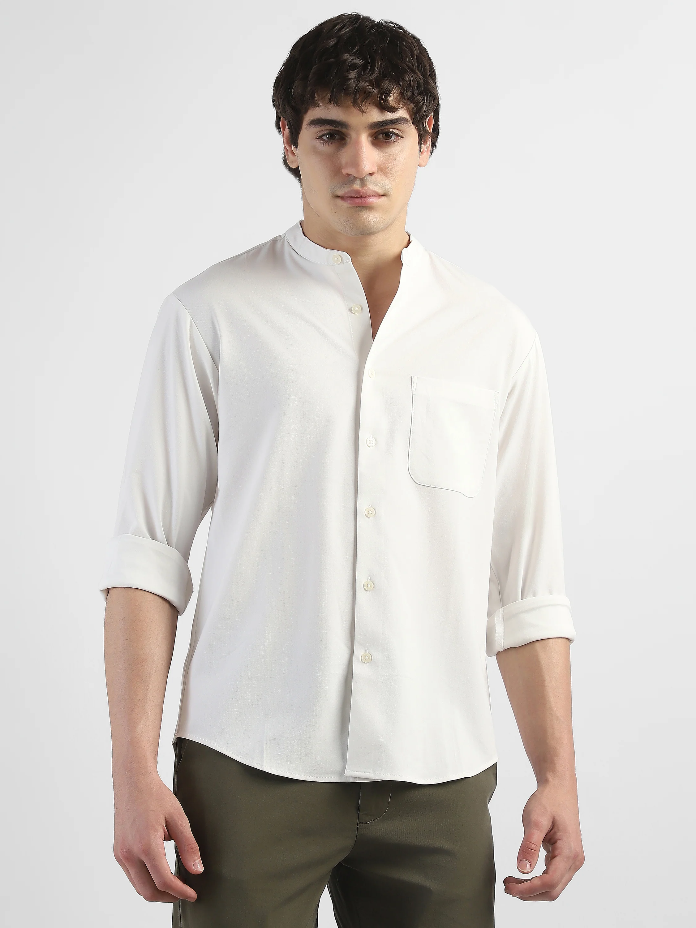 Men White Mandarin Collar Regular Fit Shirt - Image 2