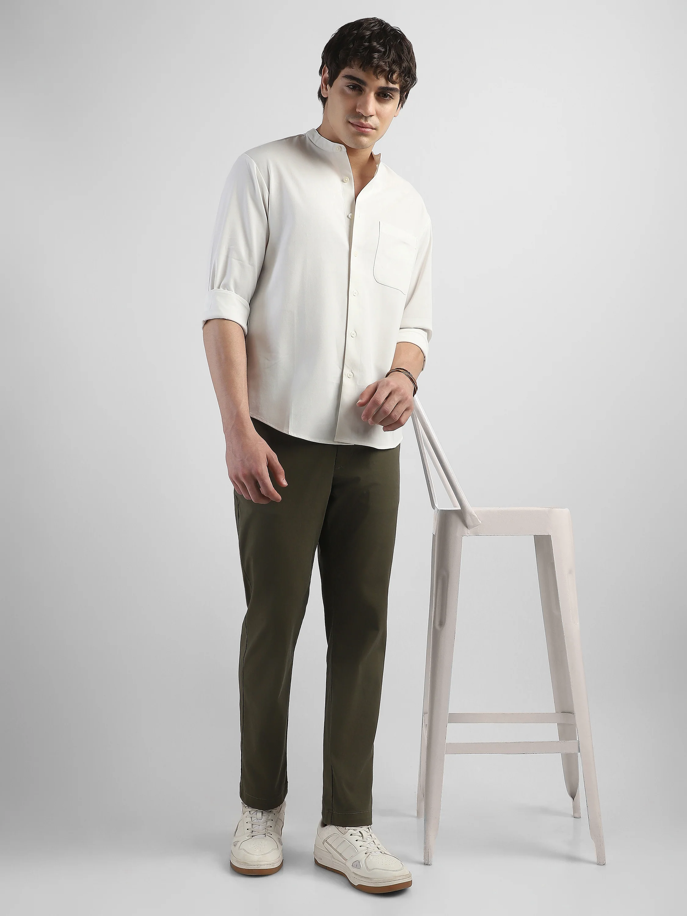 Men White Mandarin Collar Regular Fit Shirt - Image 3