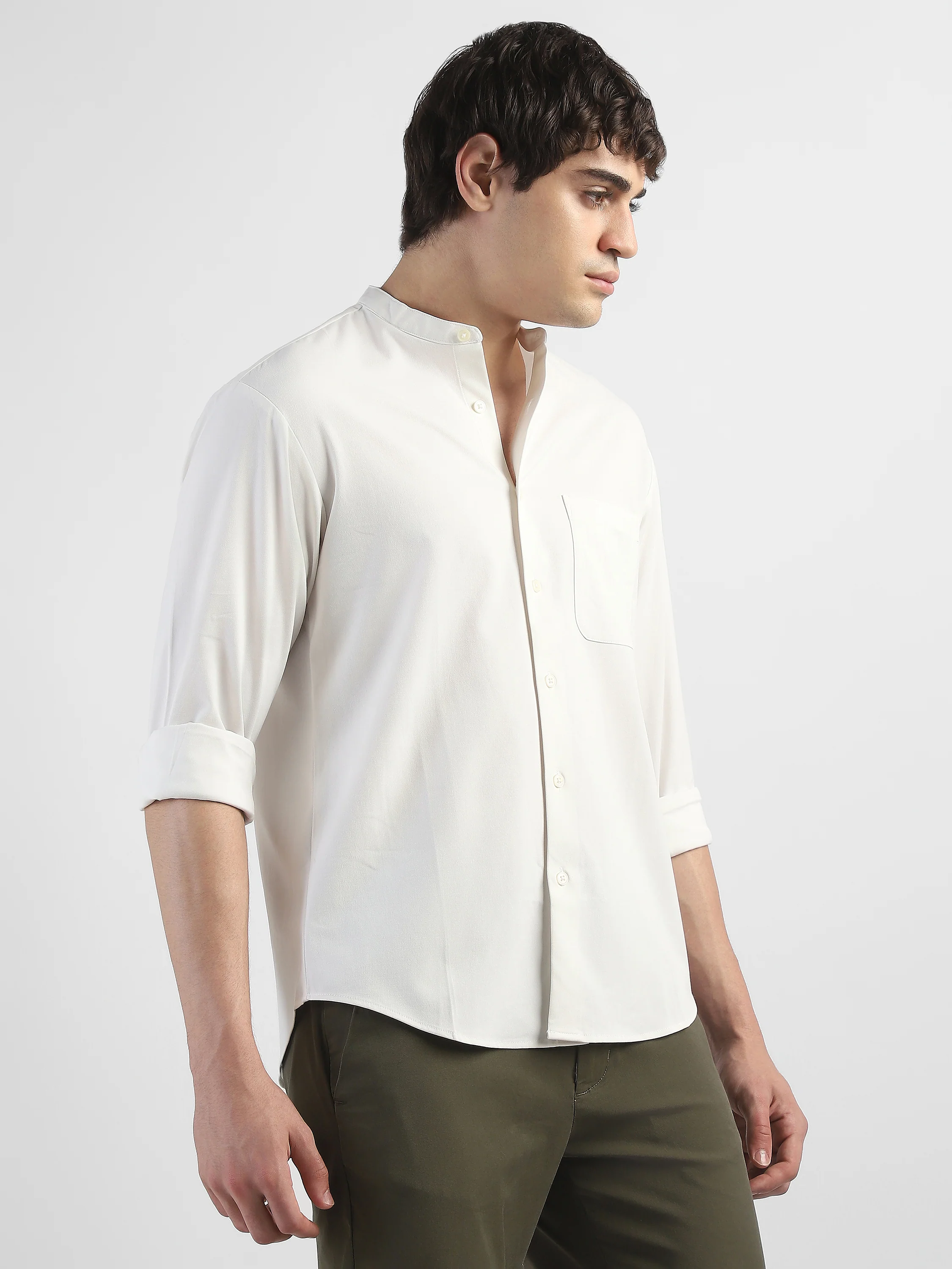 Men White Mandarin Collar Regular Fit Shirt - Image 5
