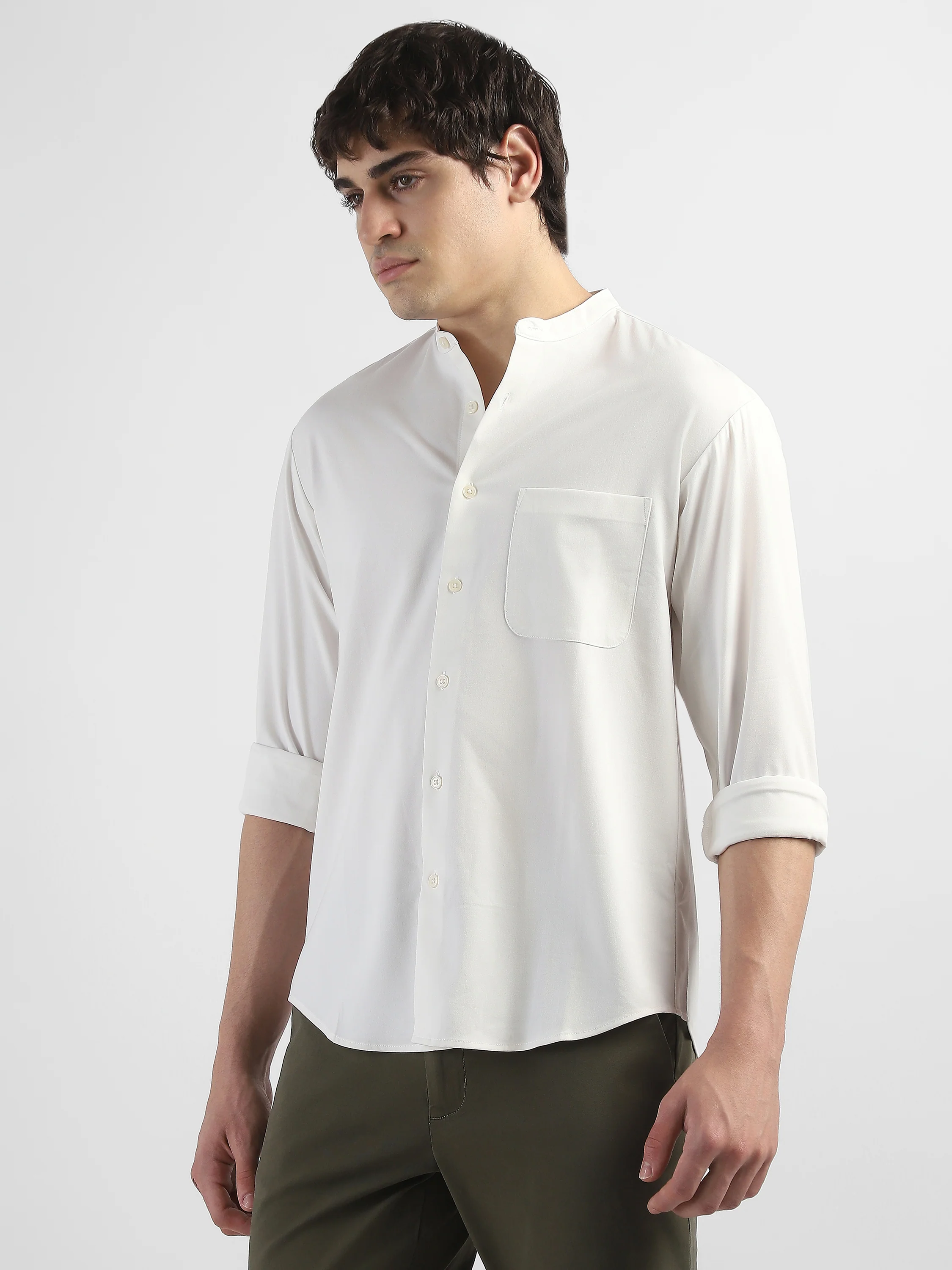 Men White Mandarin Collar Regular Fit Shirt - Image 6