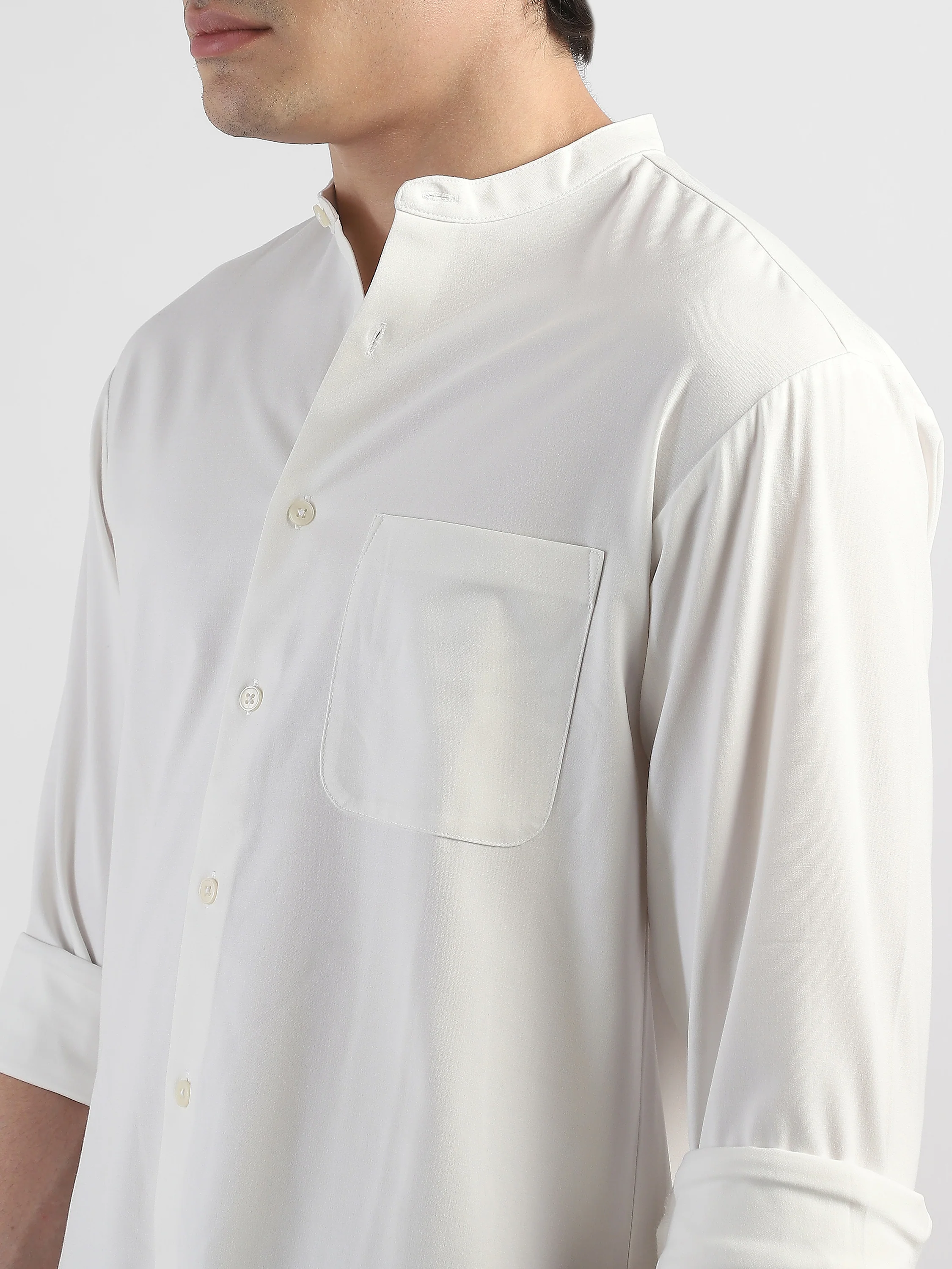 Men White Mandarin Collar Regular Fit Shirt - Image 7
