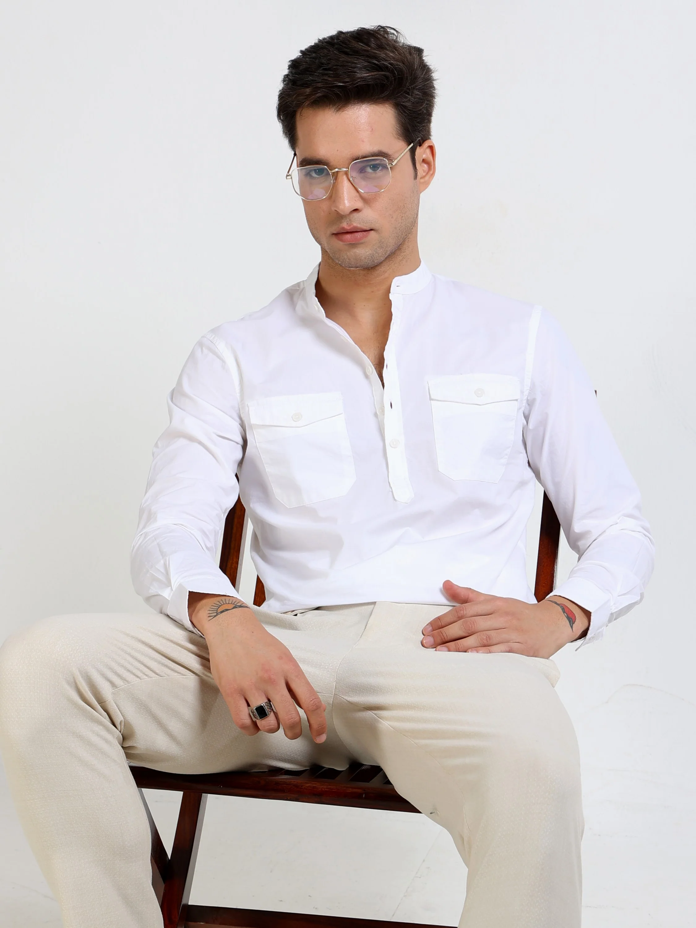 Men White Mandarin Fit Shirt - Image 2