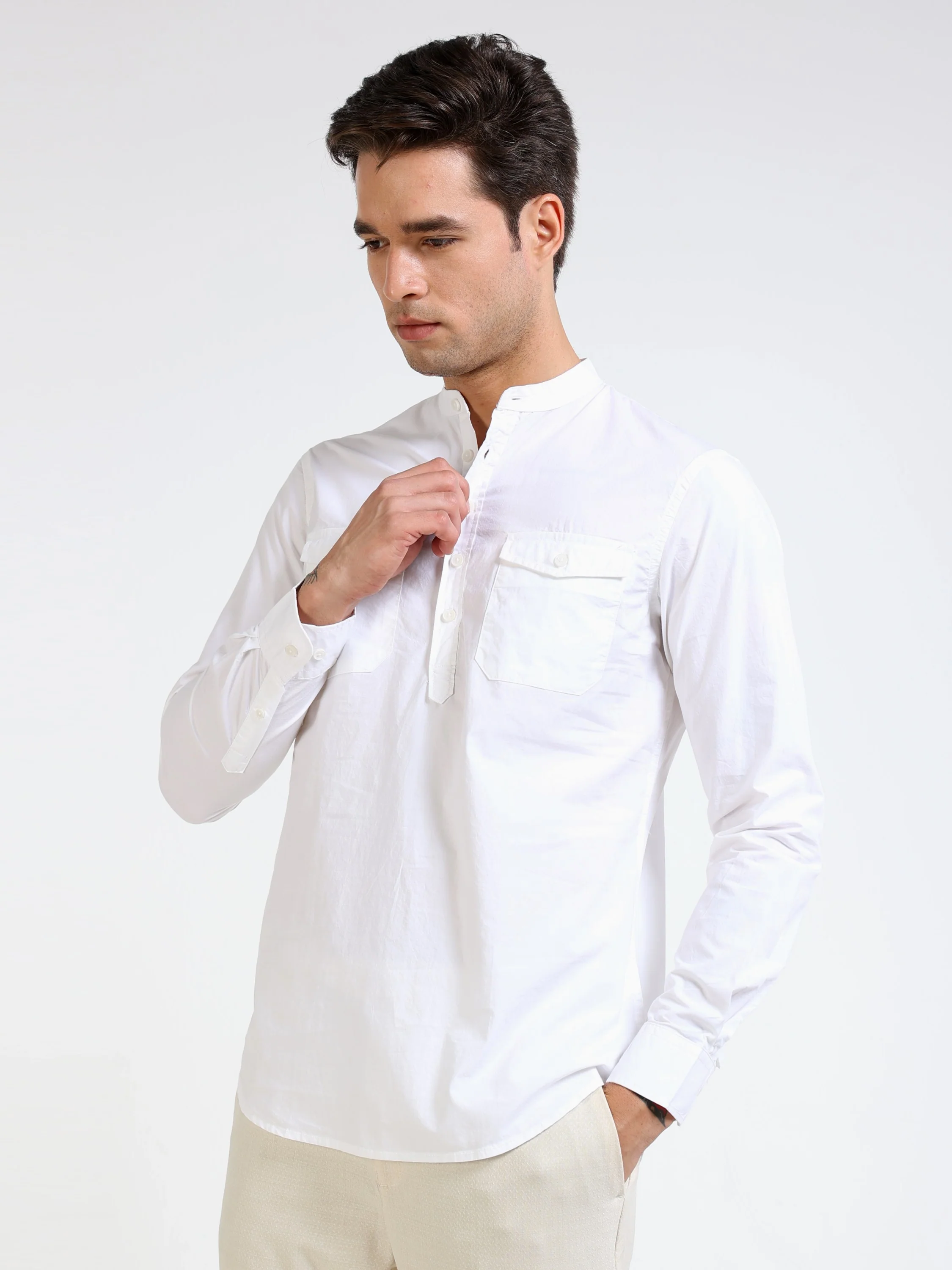 Men White Mandarin Fit Shirt - Image 5