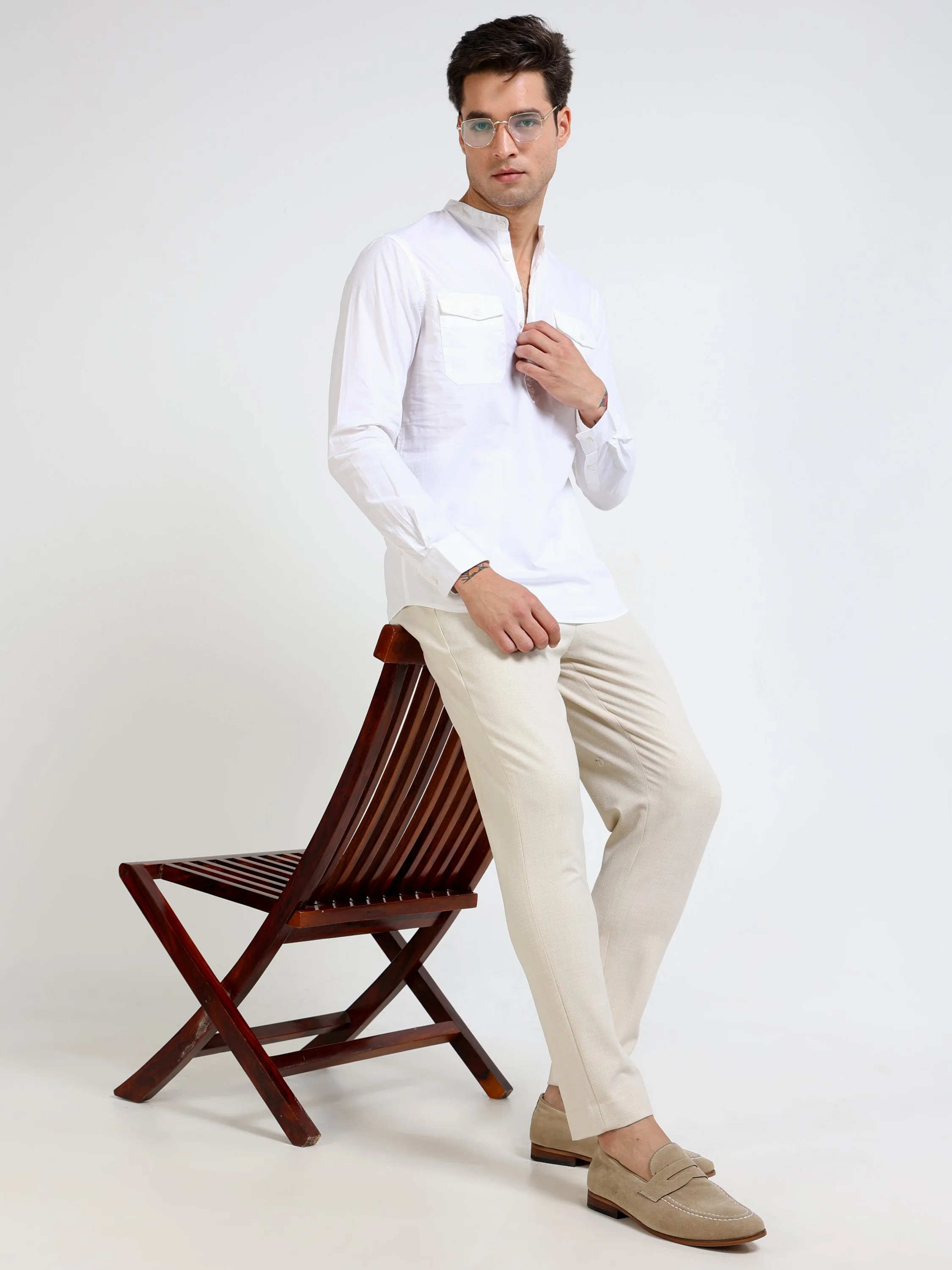 Men White Mandarin Fit Shirt - Image 6