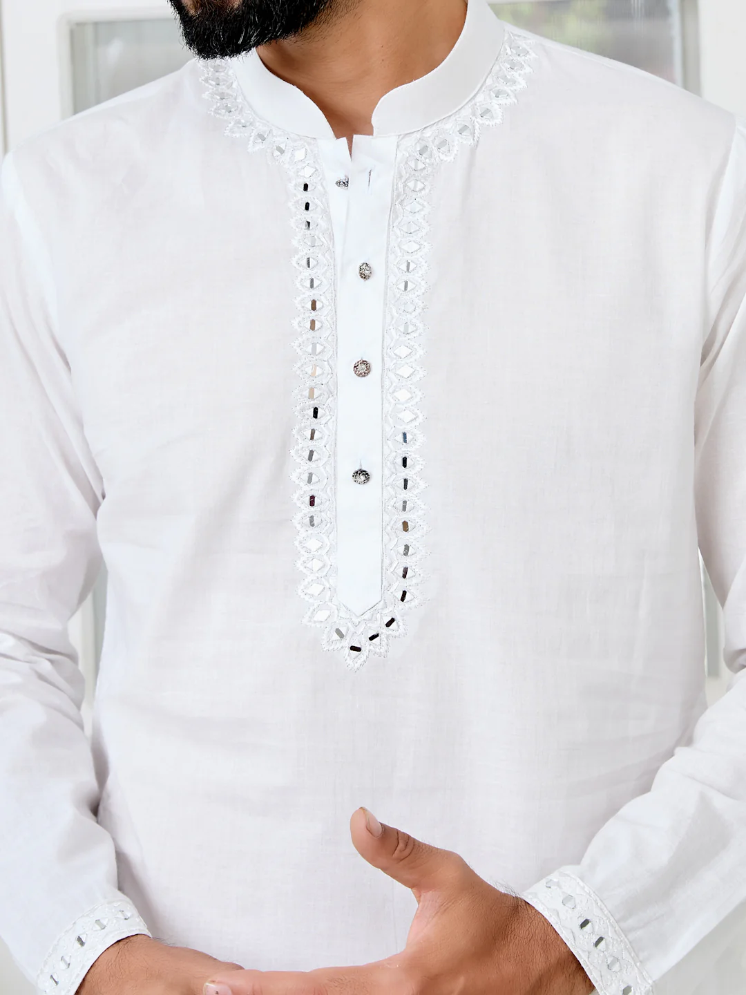 Men White Mirror Worked Cotton Kurta - Image 2