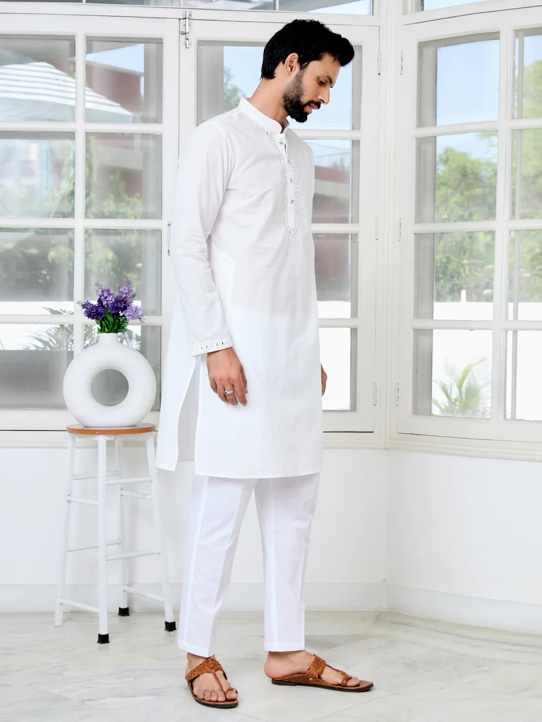 Men White Mirror Worked Cotton Kurta - Image 3