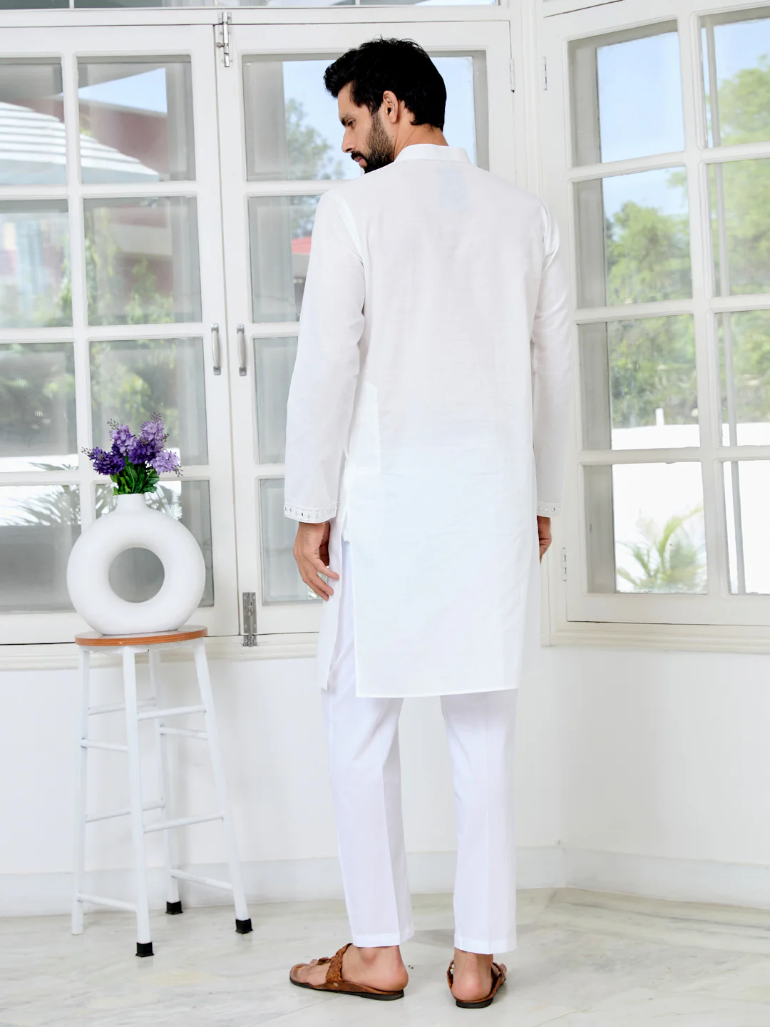 Men White Mirror Worked Cotton Kurta - Image 4