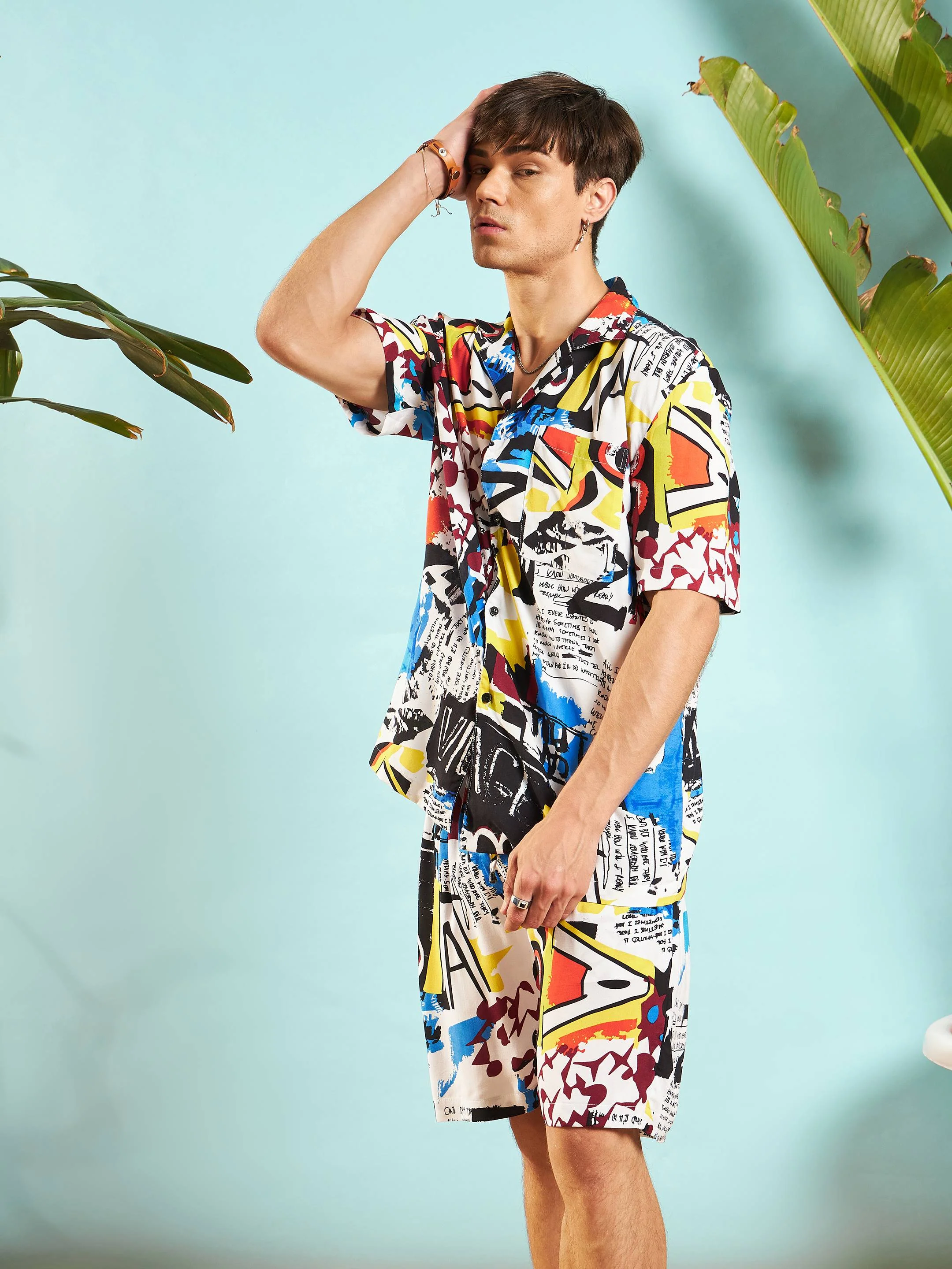 Men White Multi Colour Abstract Shirt With Shorts - Image 2