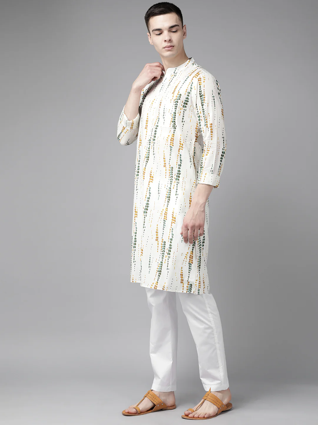 Men White Multi Tie And Dye Print Design Straight Kurta - Image 2