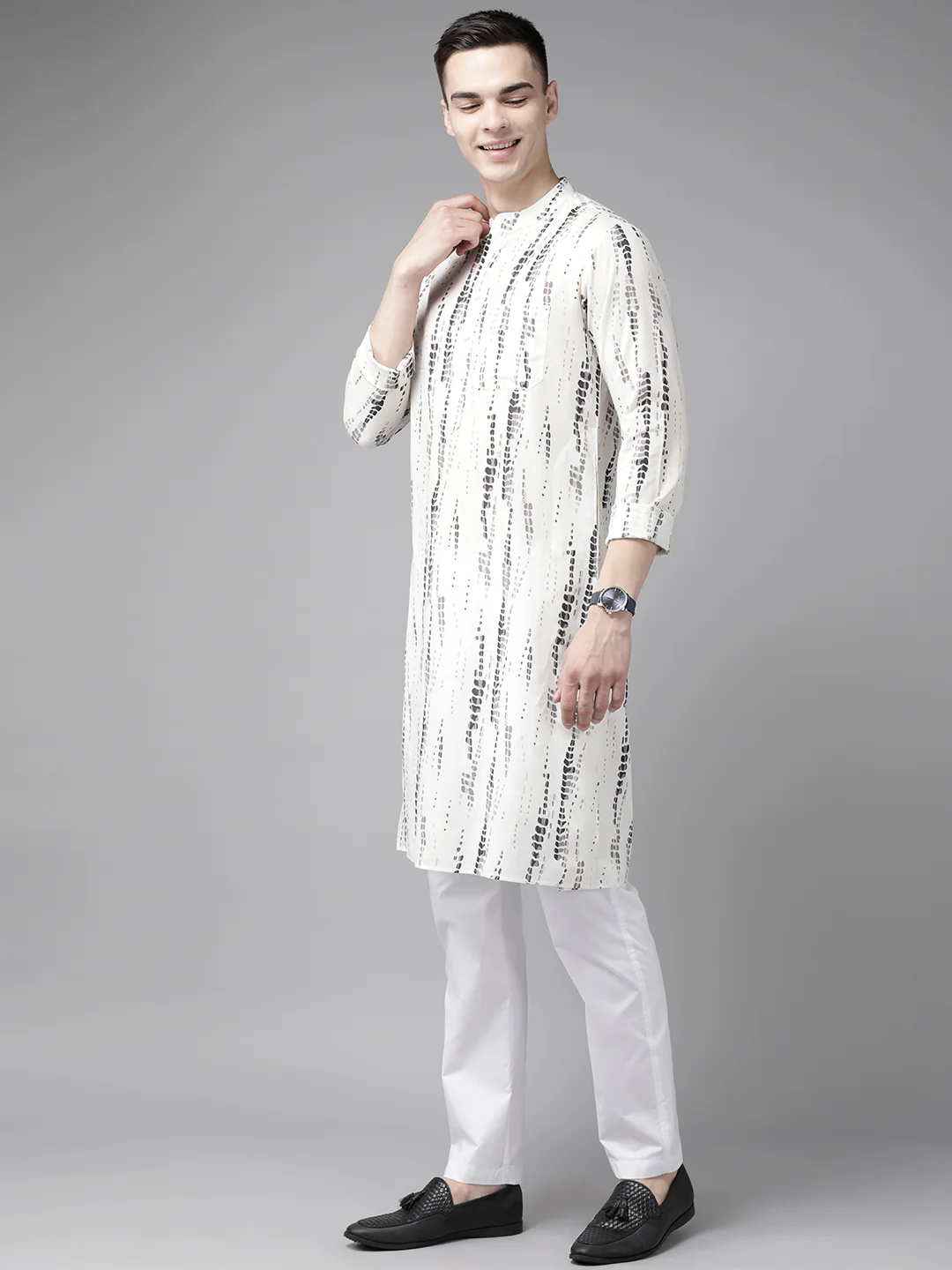 Men White Multi Tie And Dye Print Design Straight Kurta - Image 4