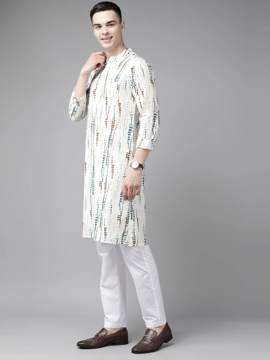 Men White Multi Tie And Dye Print Design Straight Kurta - Image 4