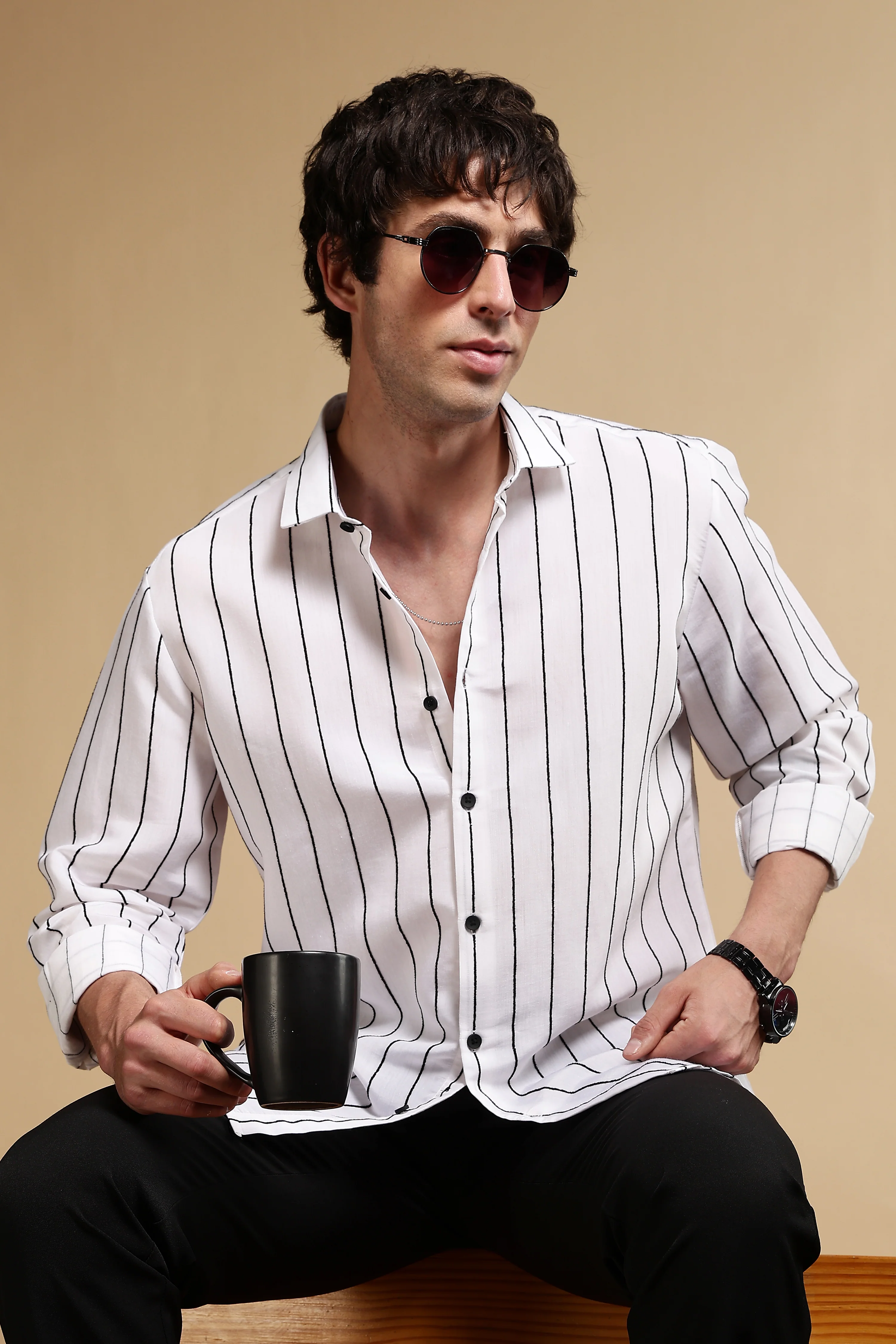 Men White Nylon Slim Fit Striped Shirt - Image 10