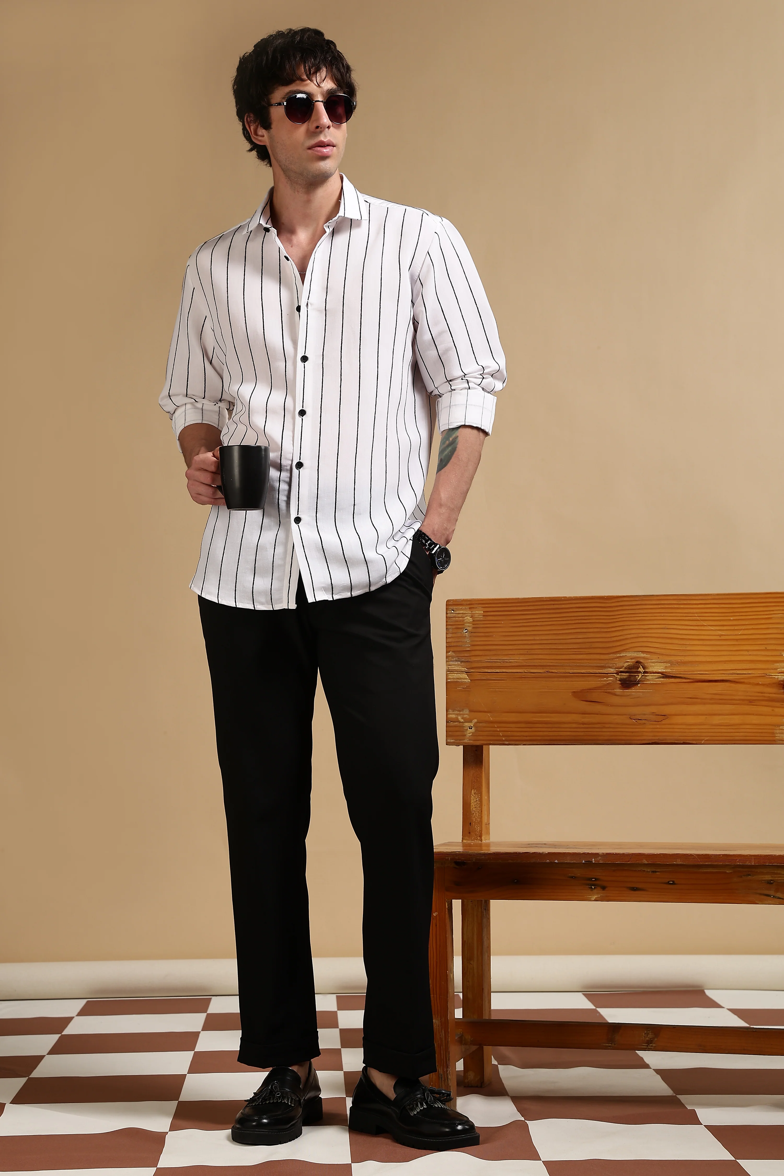 Men White Nylon Slim Fit Striped Shirt - Image 2