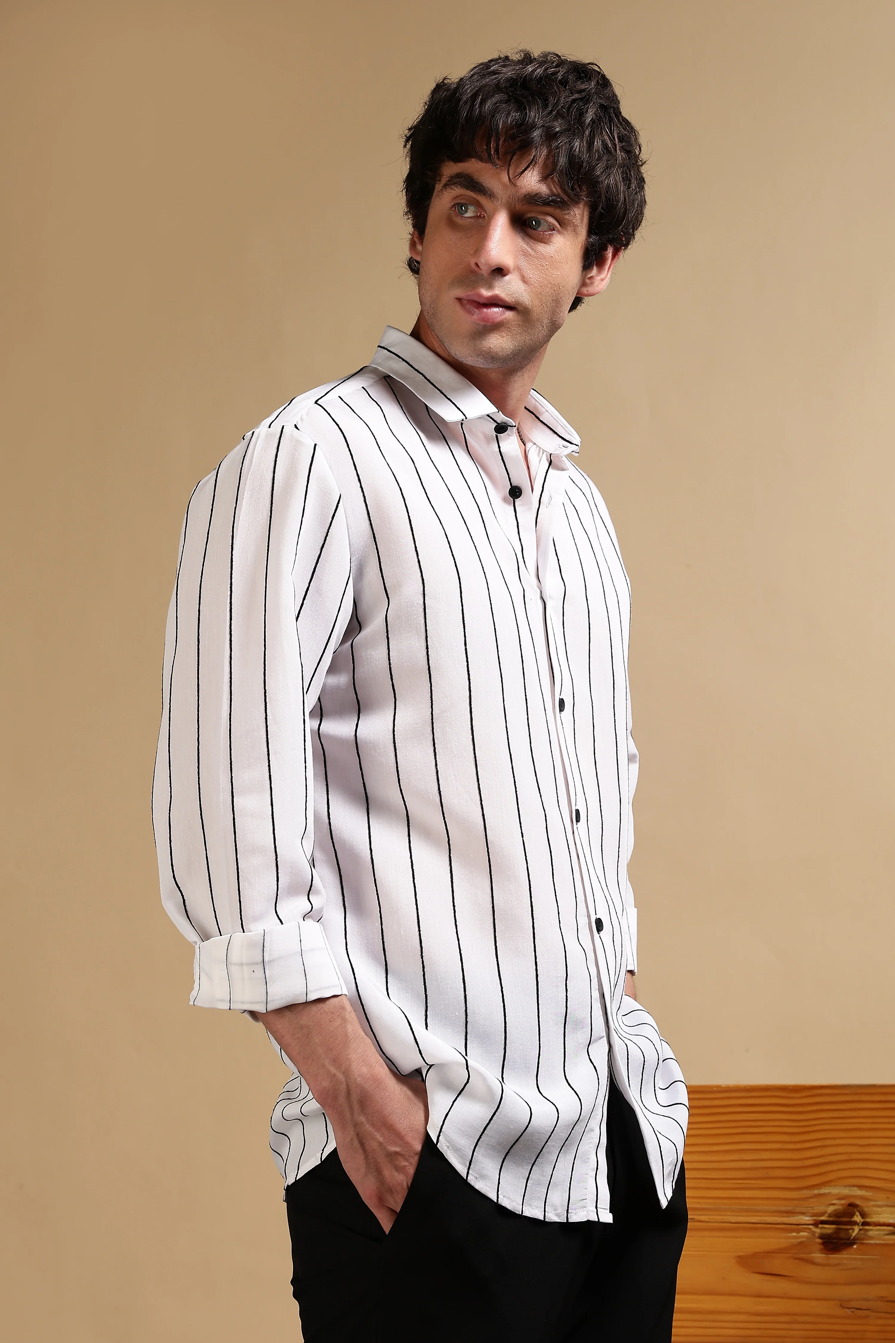 Men White Nylon Slim Fit Striped Shirt - Image 3