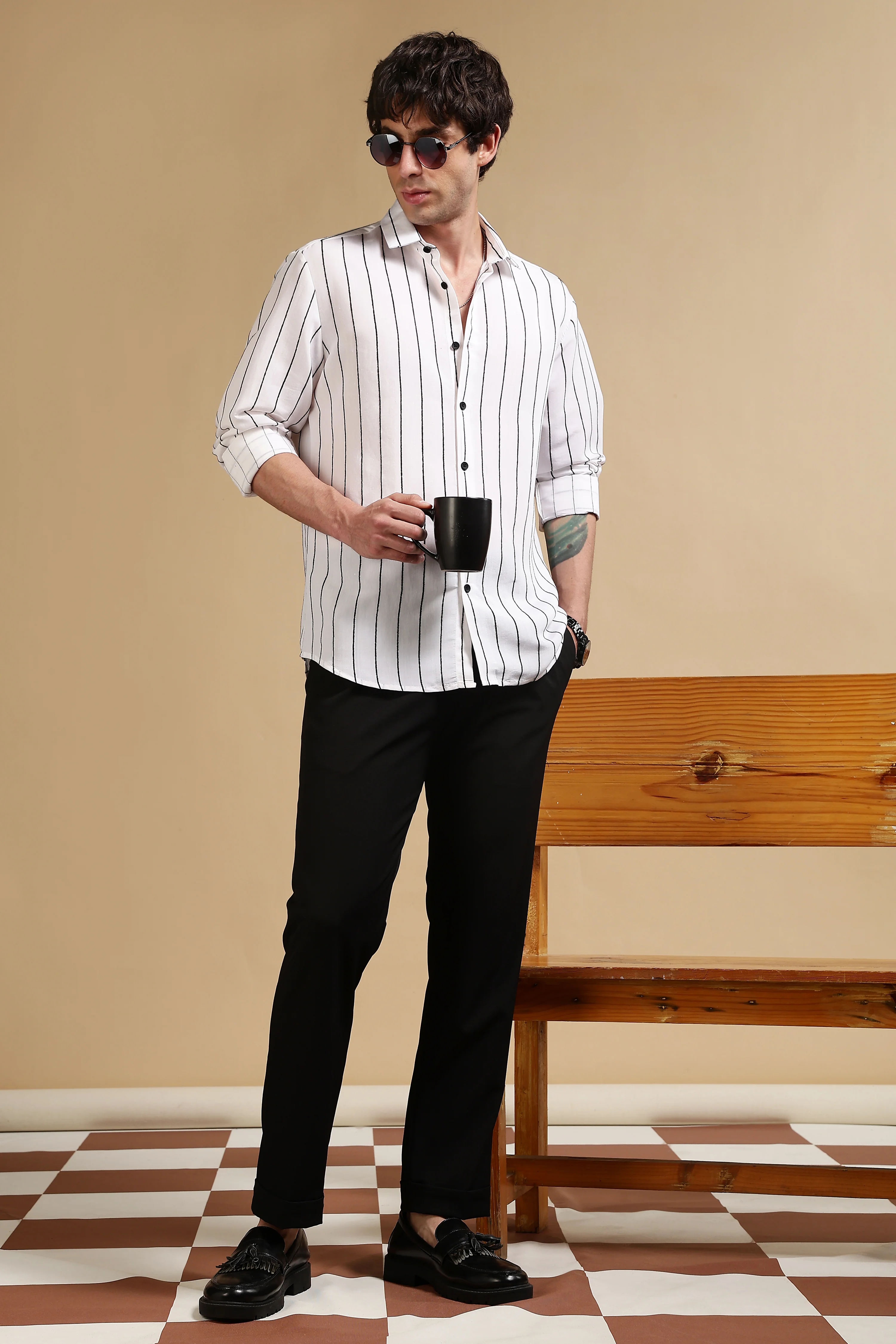Men White Nylon Slim Fit Striped Shirt - Image 8