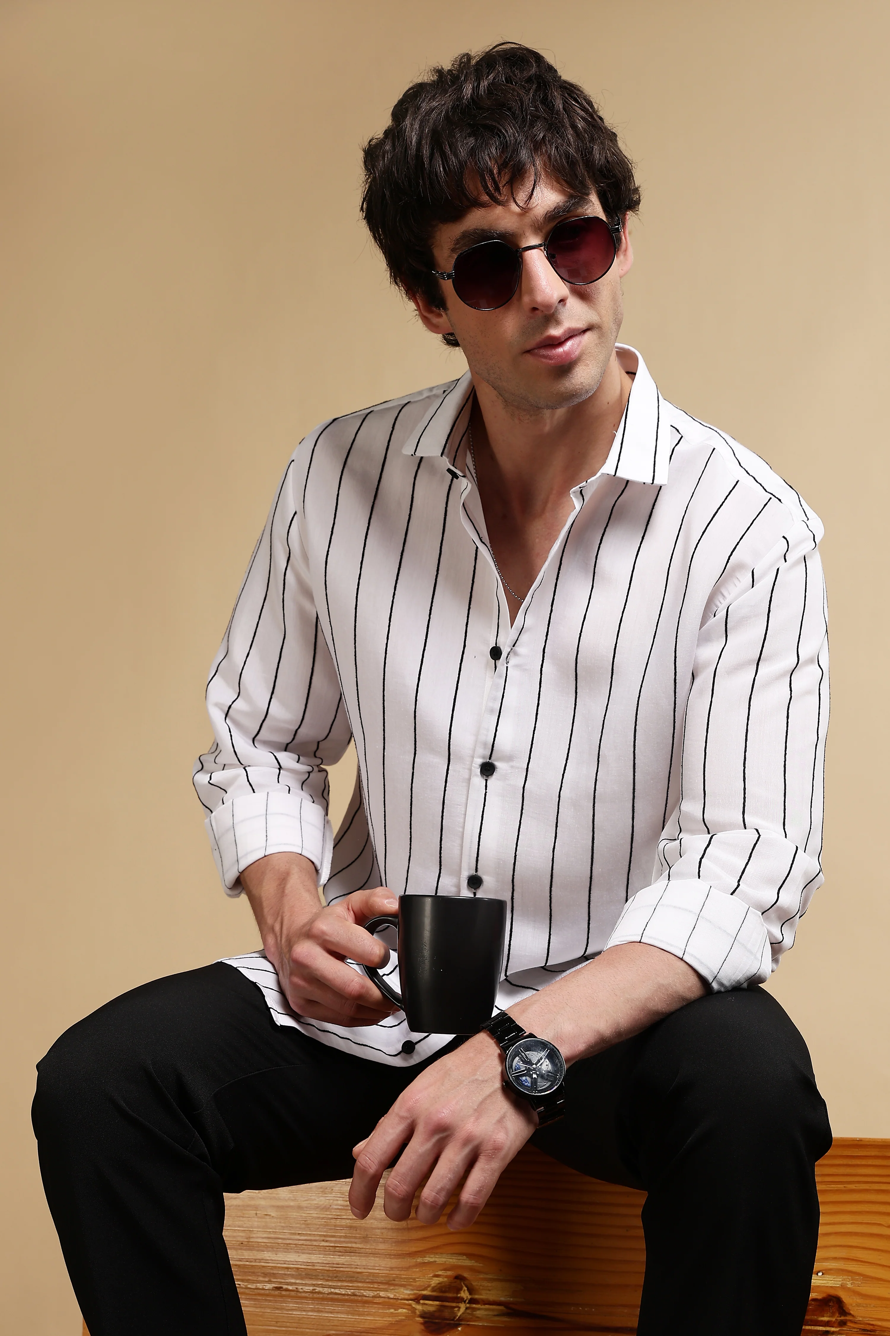 Men White Nylon Slim Fit Striped Shirt - Image 9
