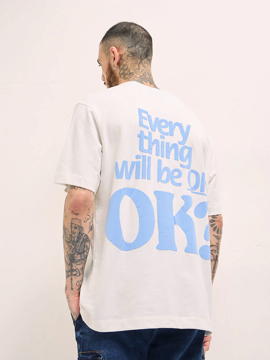 Men White Oversize Graphic & Bold Back Print Crew Neck T-shirt - Image 2