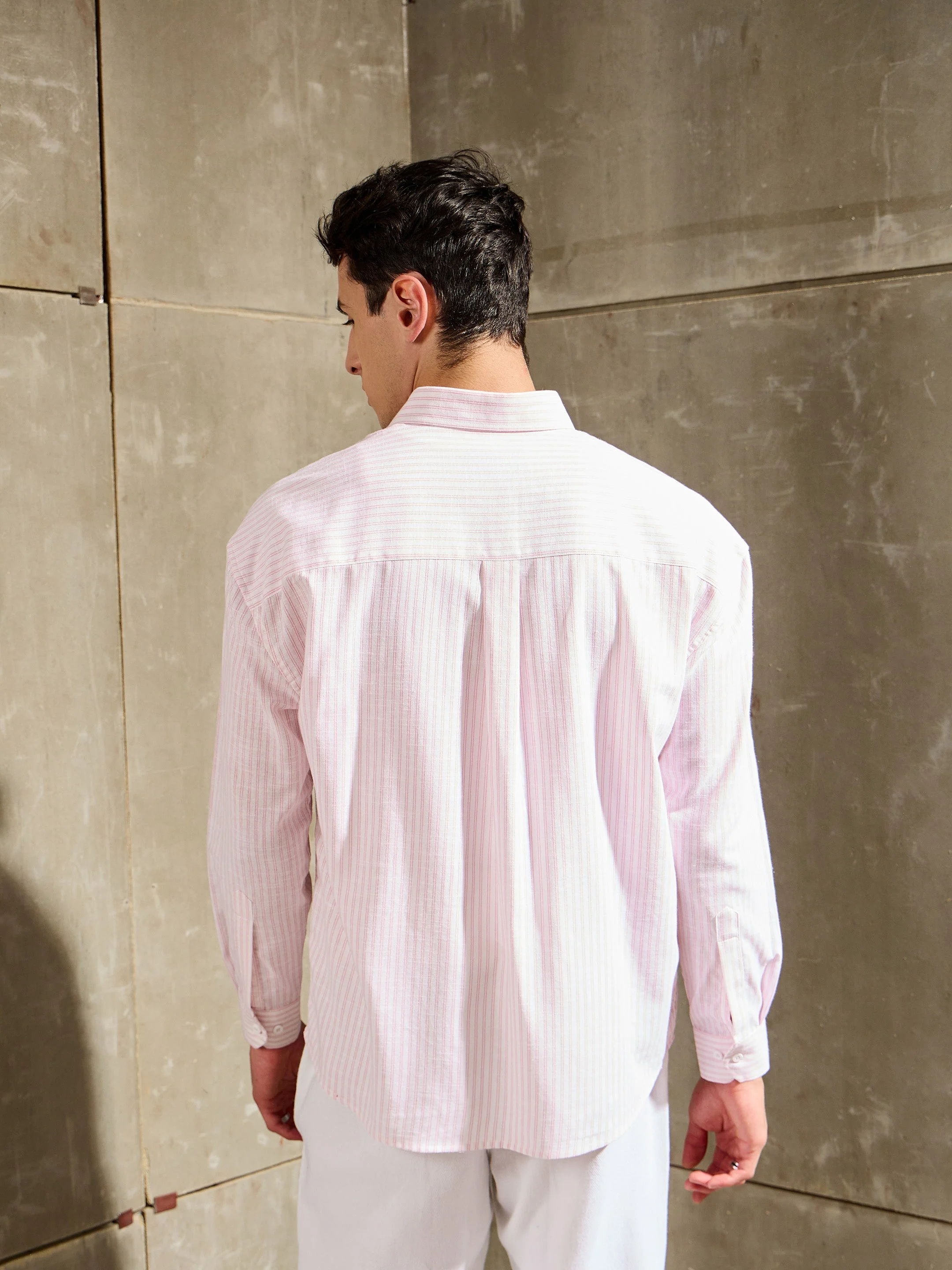 Men White & Pink Stripe Basic Relax Fit Shirt - Image 2