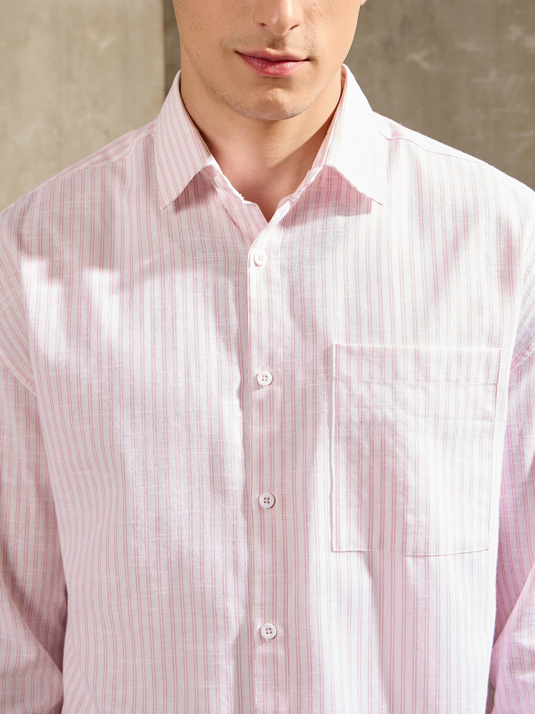 Men White & Pink Stripe Basic Relax Fit Shirt - Image 3