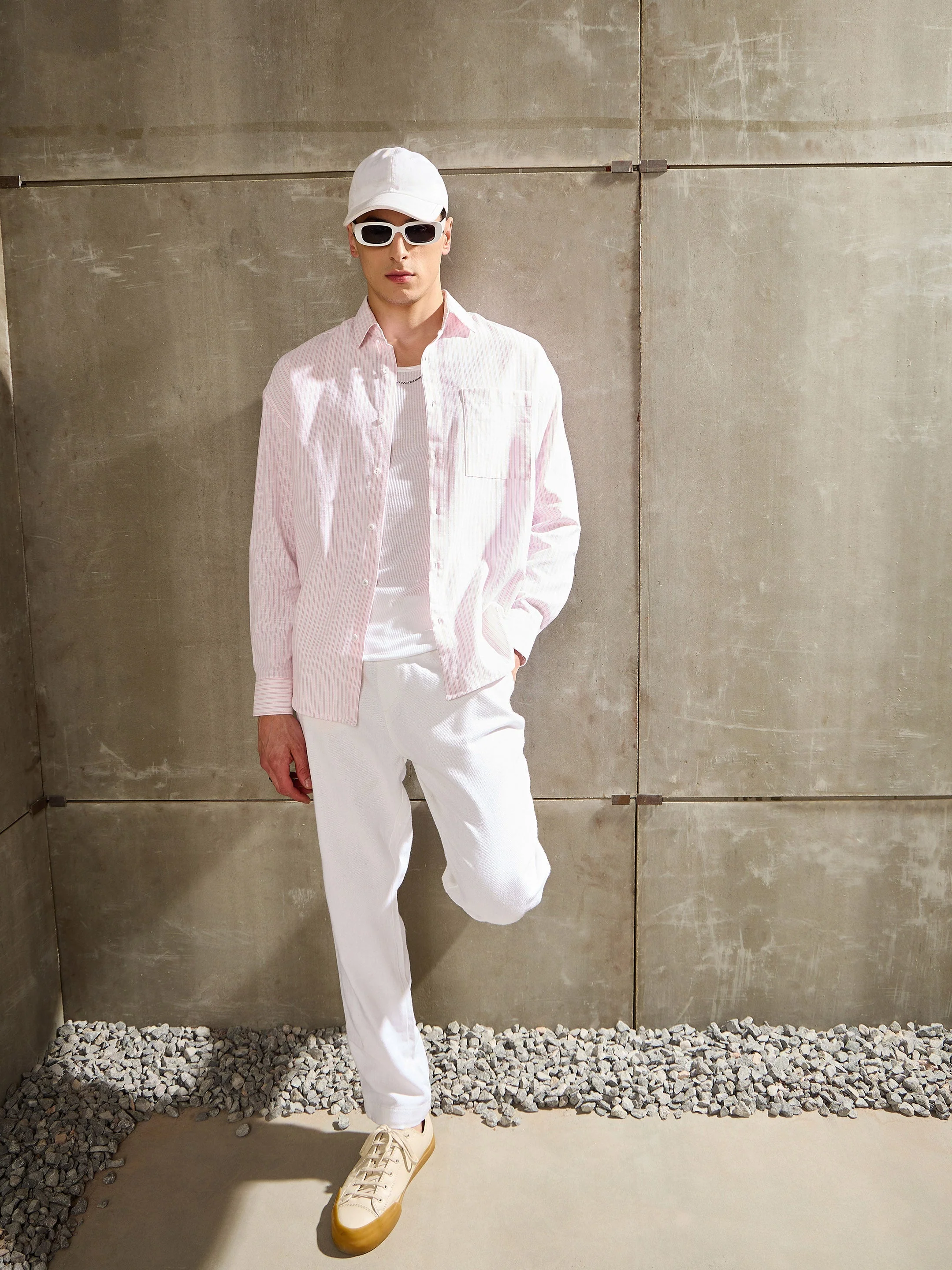 Men White & Pink Stripe Basic Relax Fit Shirt - Image 4