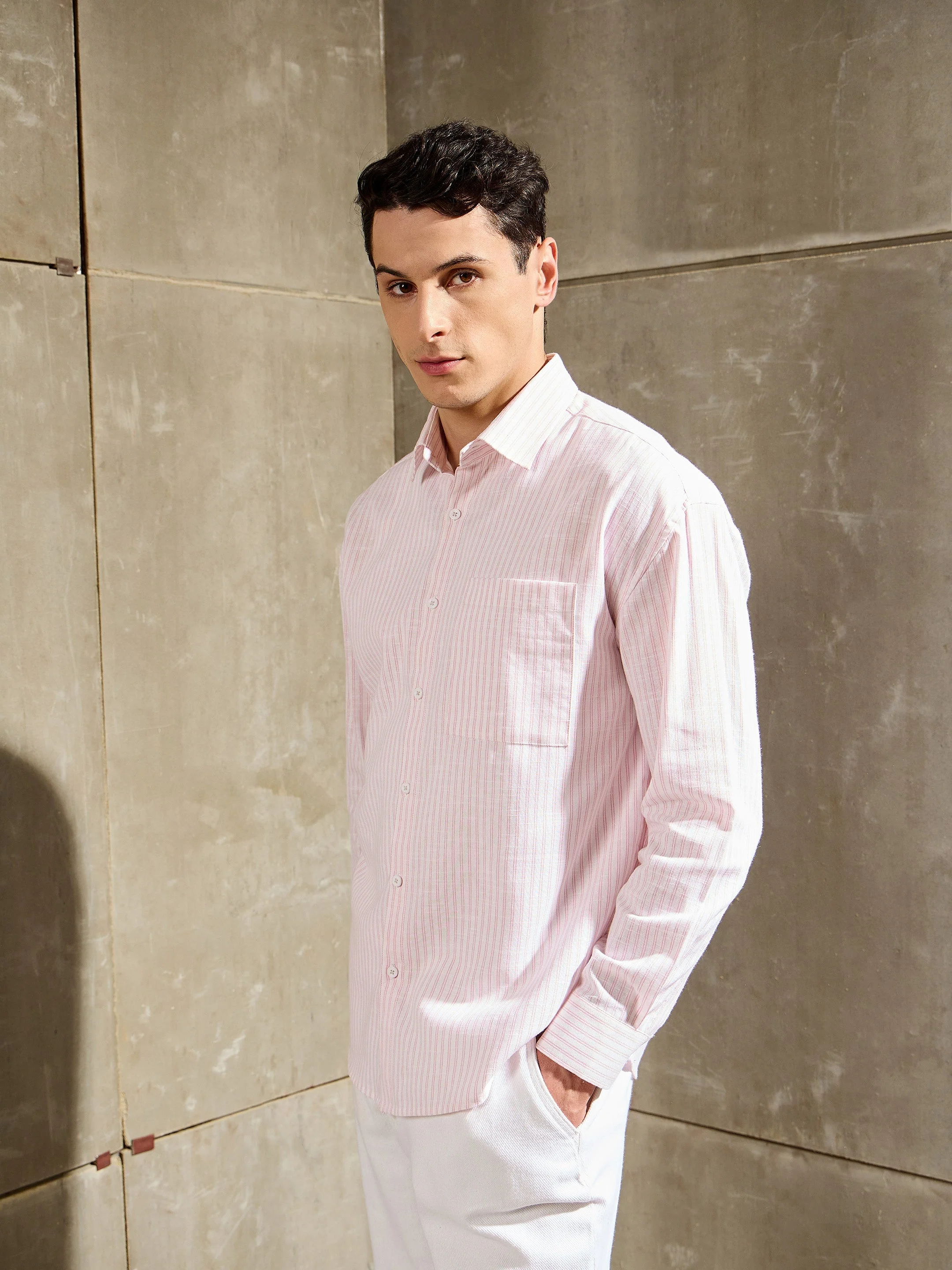 Men White & Pink Stripe Basic Relax Fit Shirt - Image 5