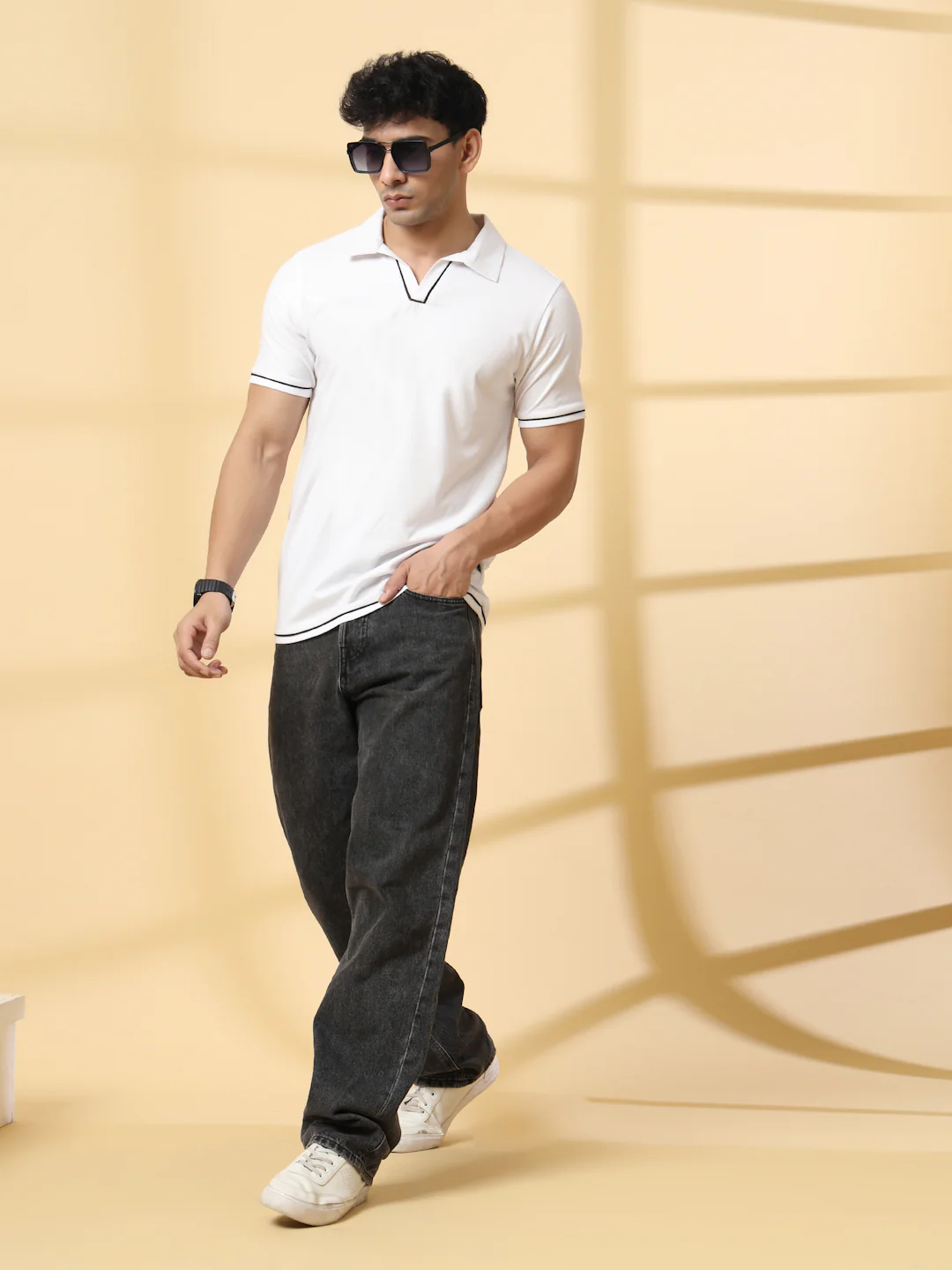 Men White Polo T-Shirt With Contrast Piping - Image 2