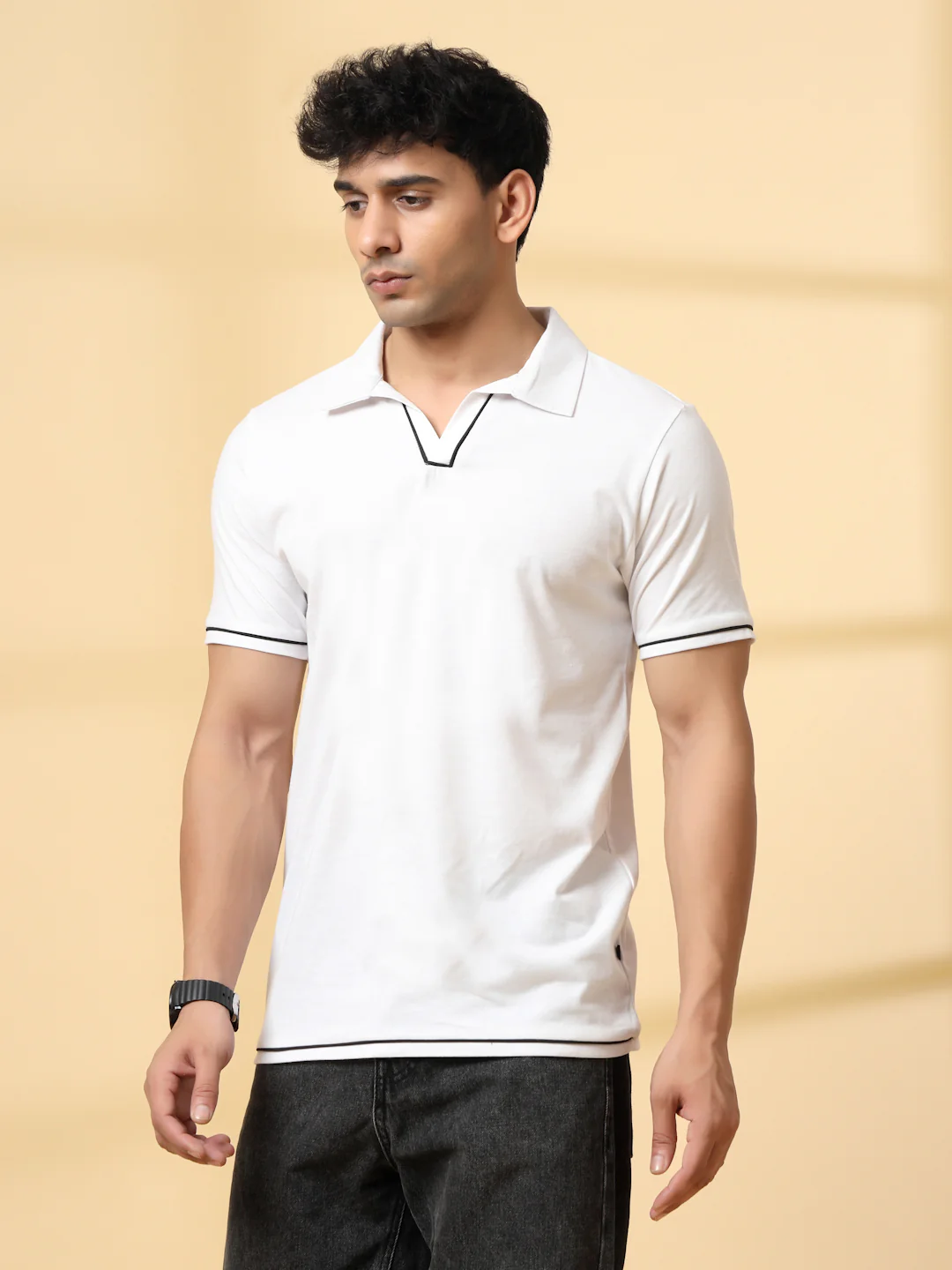 Men White Polo T-Shirt With Contrast Piping - Image 3