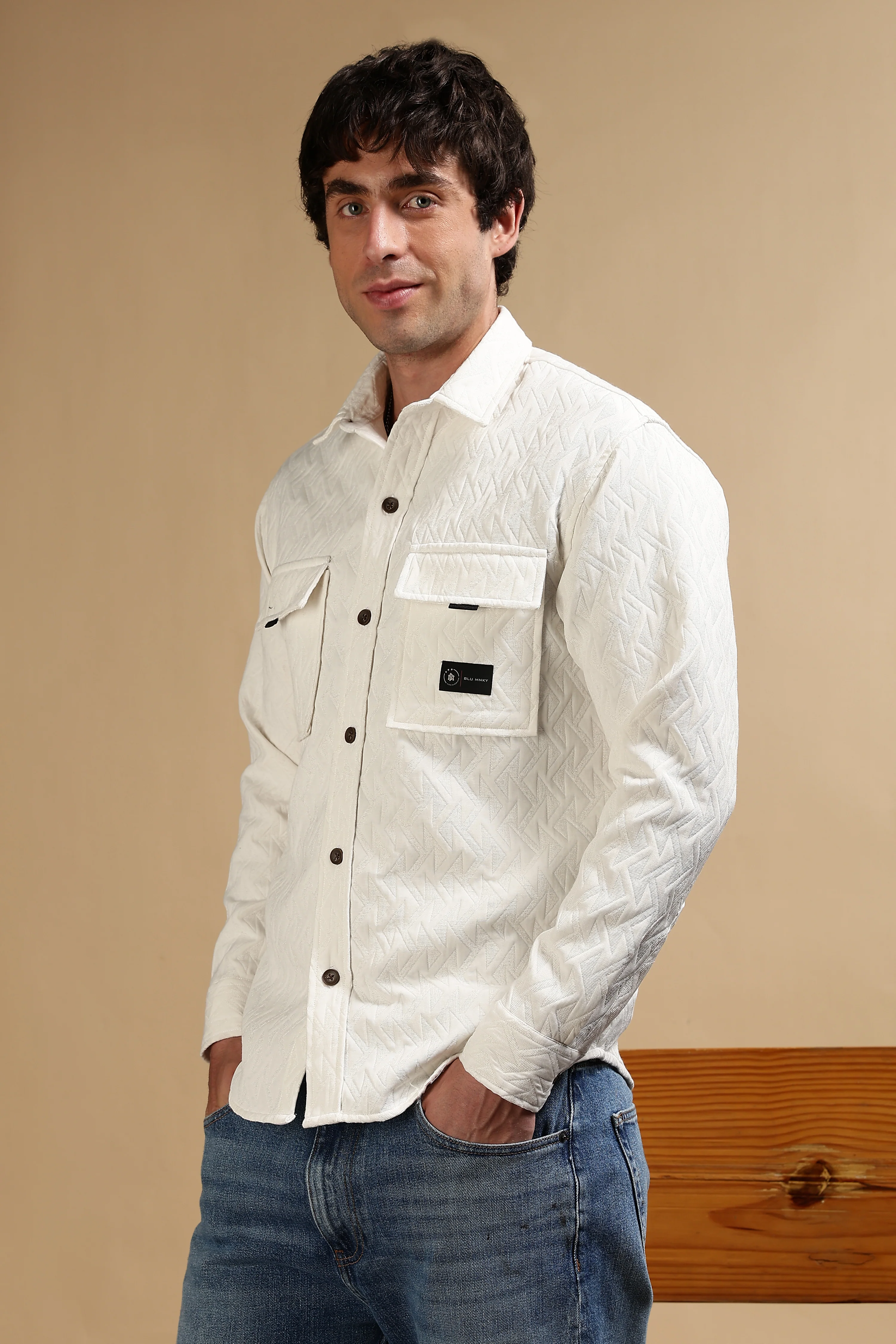 Men White Poly Cotton Shacket - Image 4