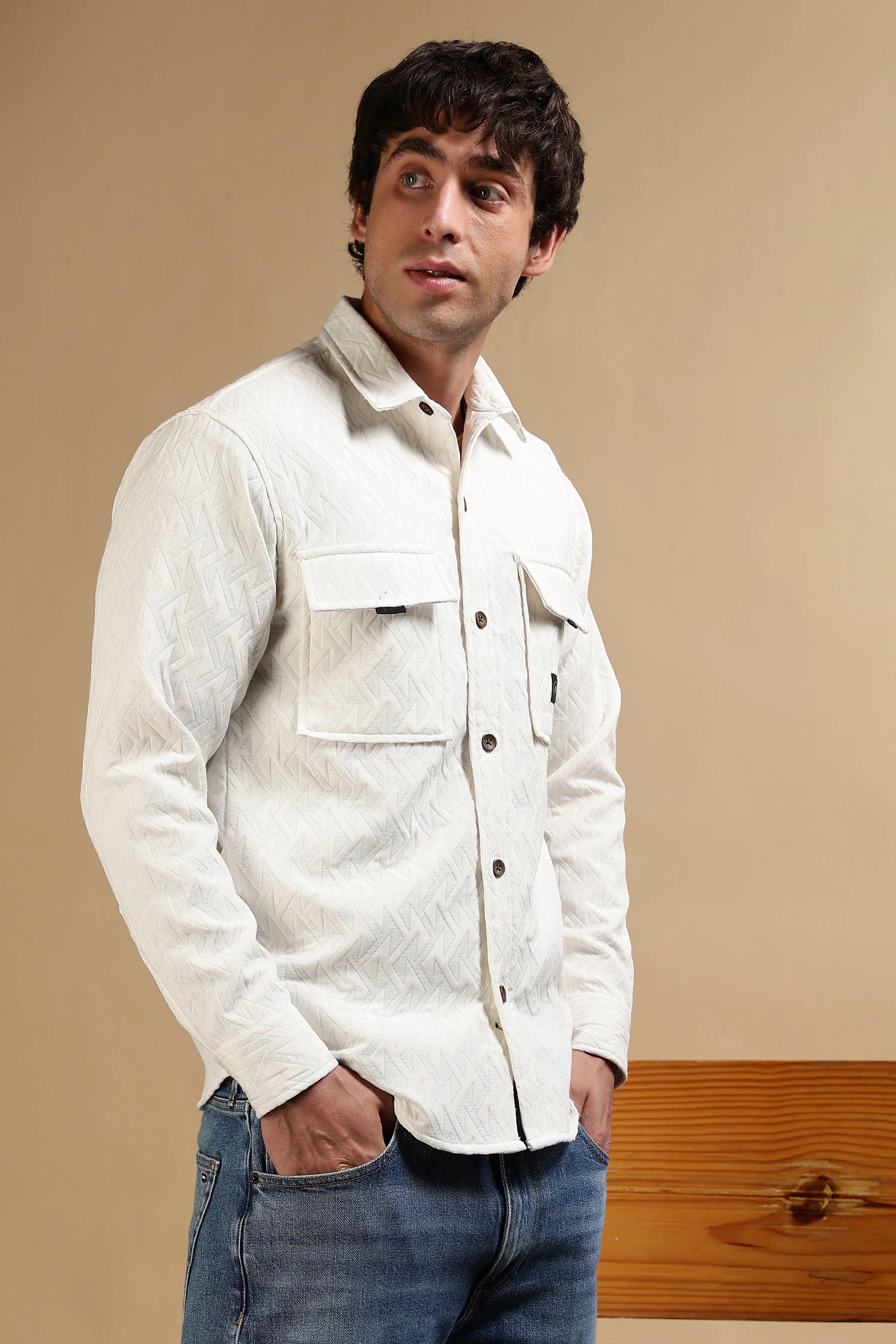 Men White Poly Cotton Shacket - Image 5