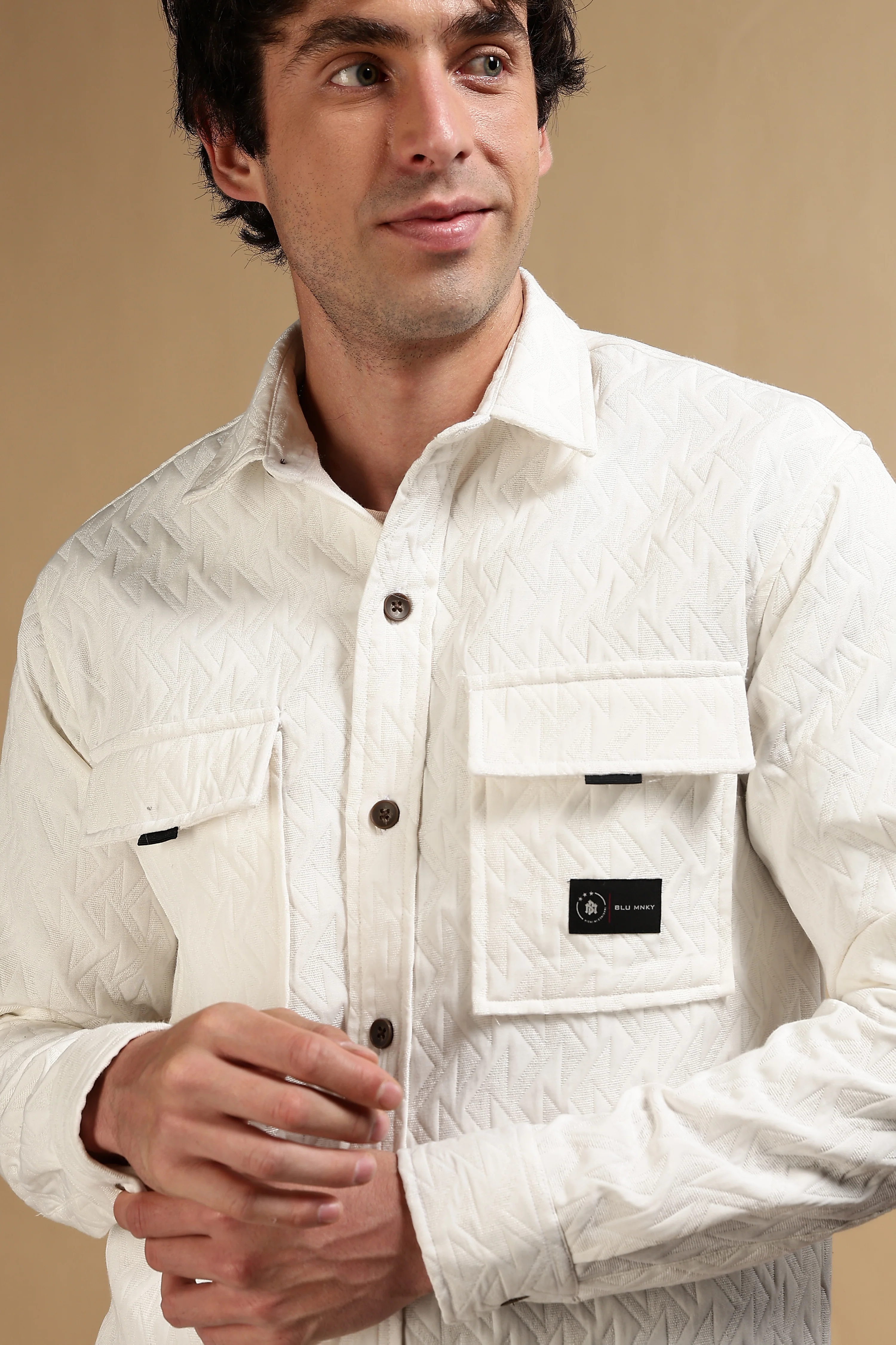 Men White Poly Cotton Shacket - Image 7
