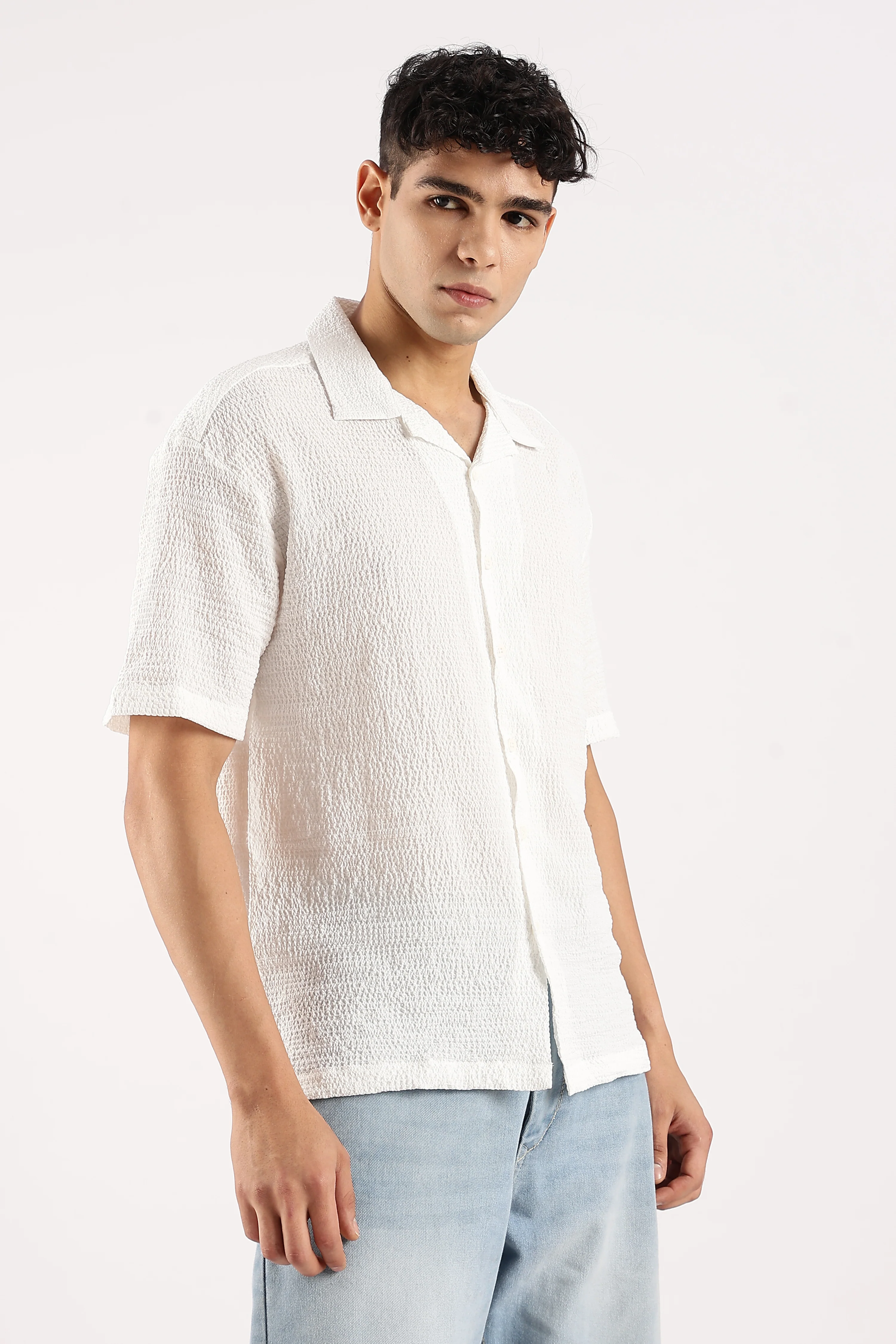 Men White Poly Textured Shirt - Image 2
