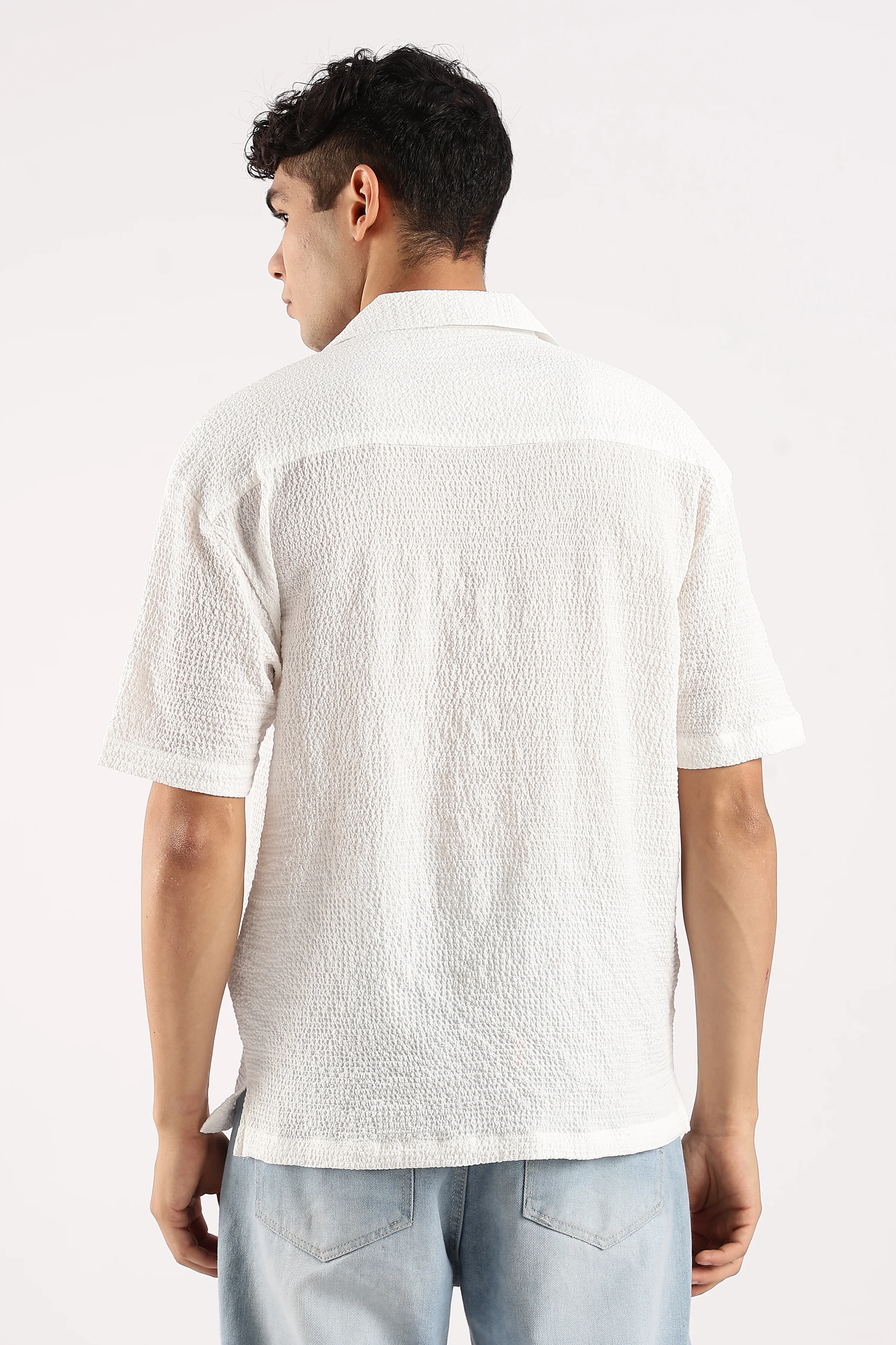 Men White Poly Textured Shirt - Image 3