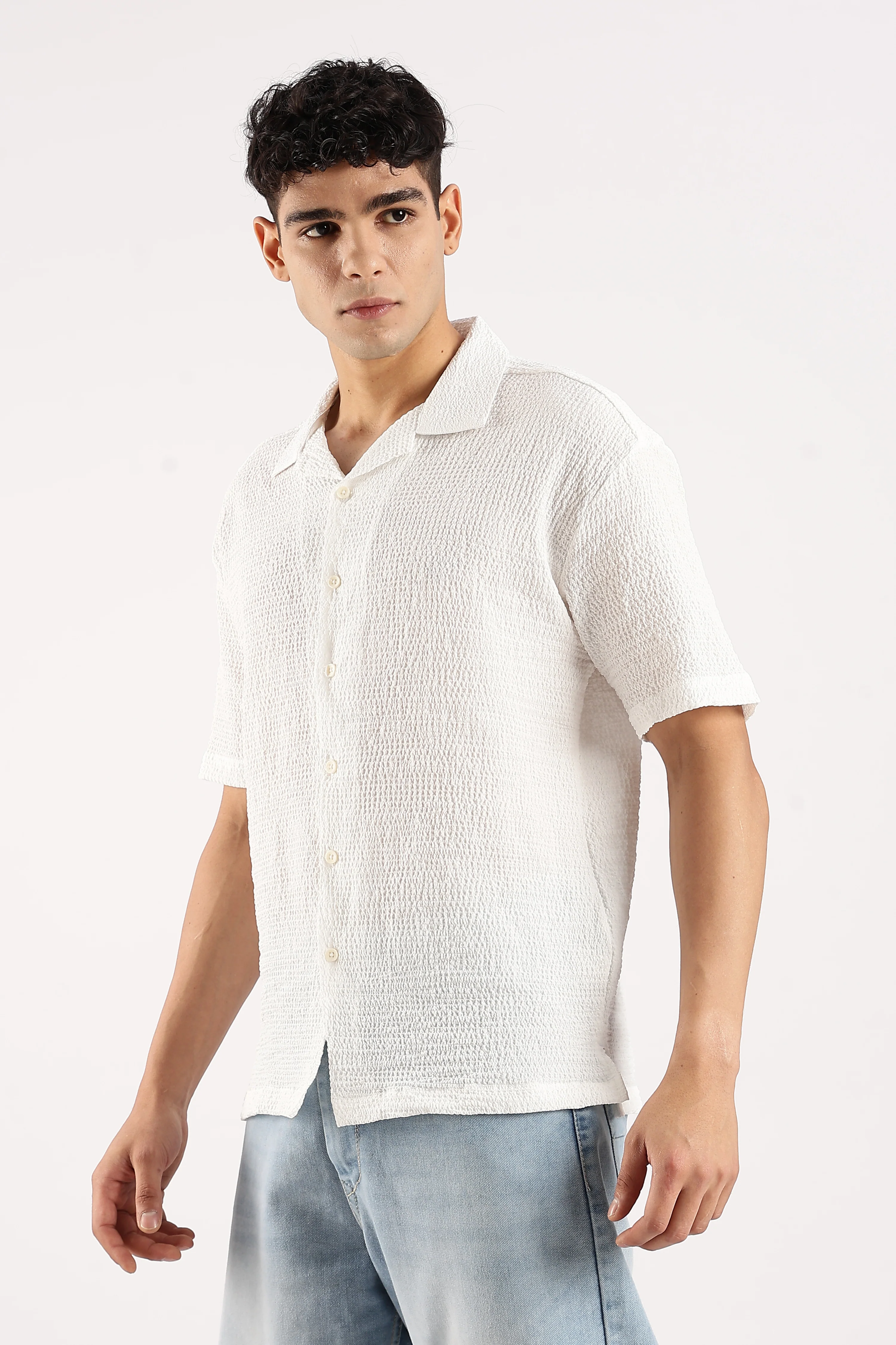 Men White Poly Textured Shirt - Image 4