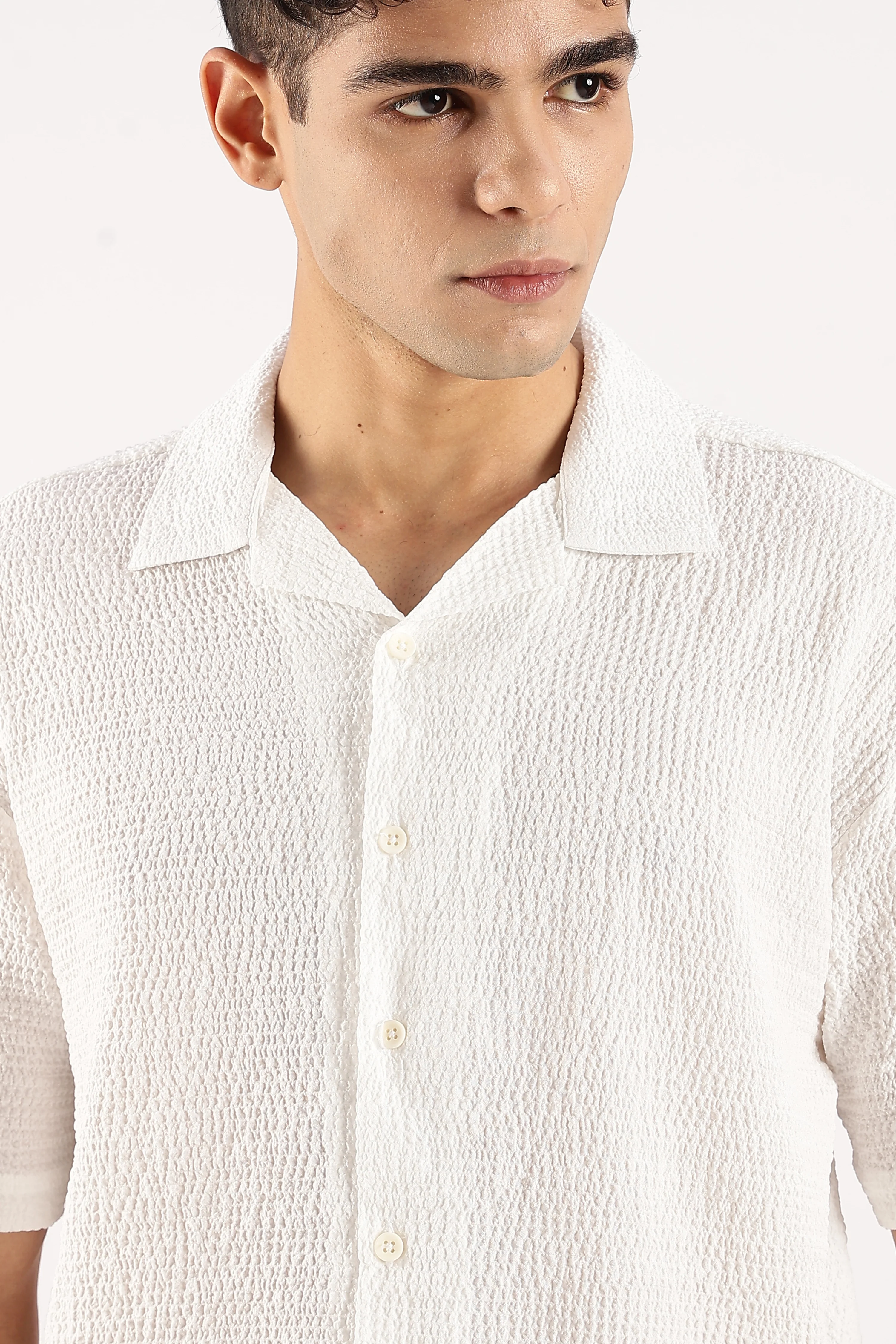 Men White Poly Textured Shirt - Image 5
