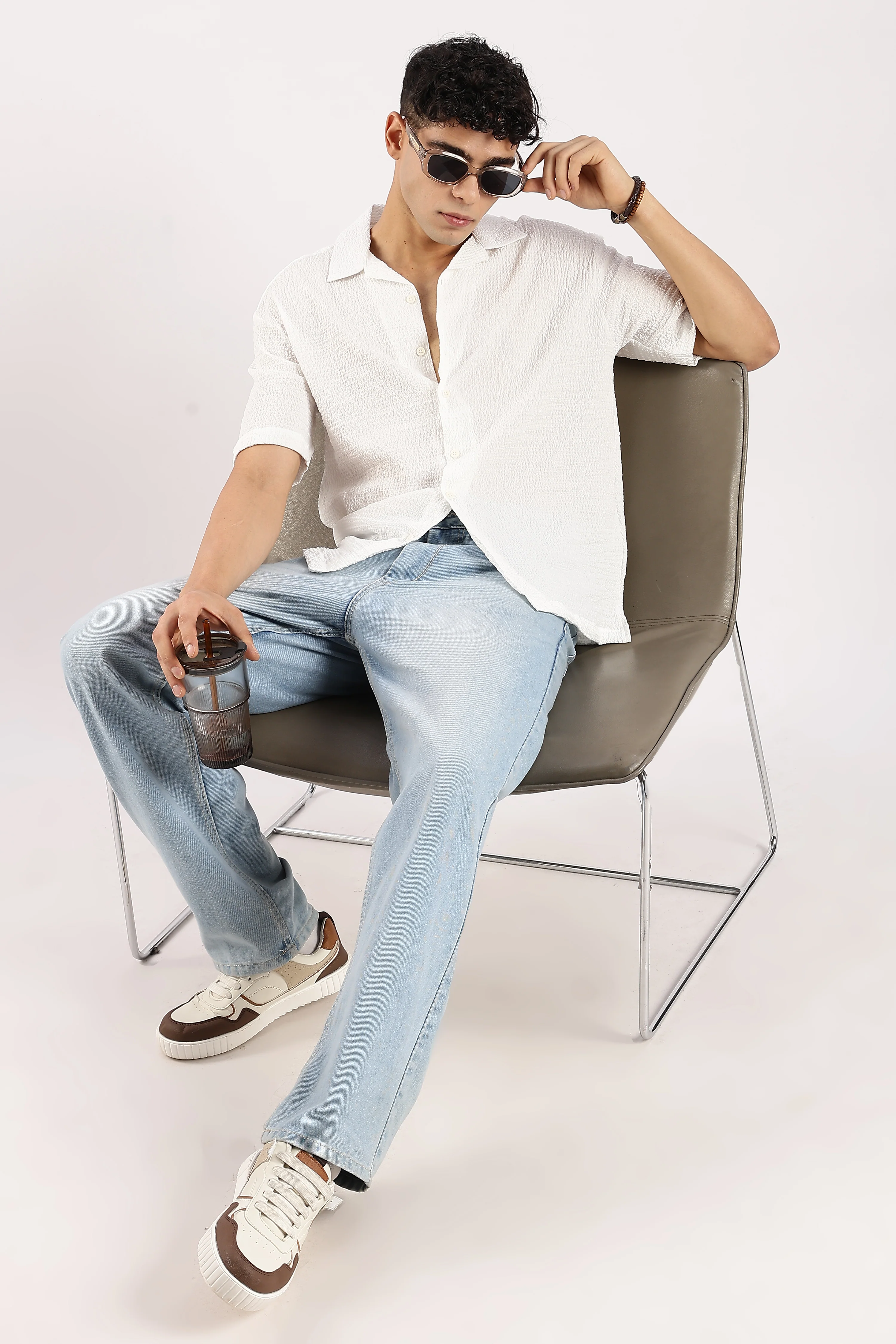 Men White Poly Textured Shirt - Image 6
