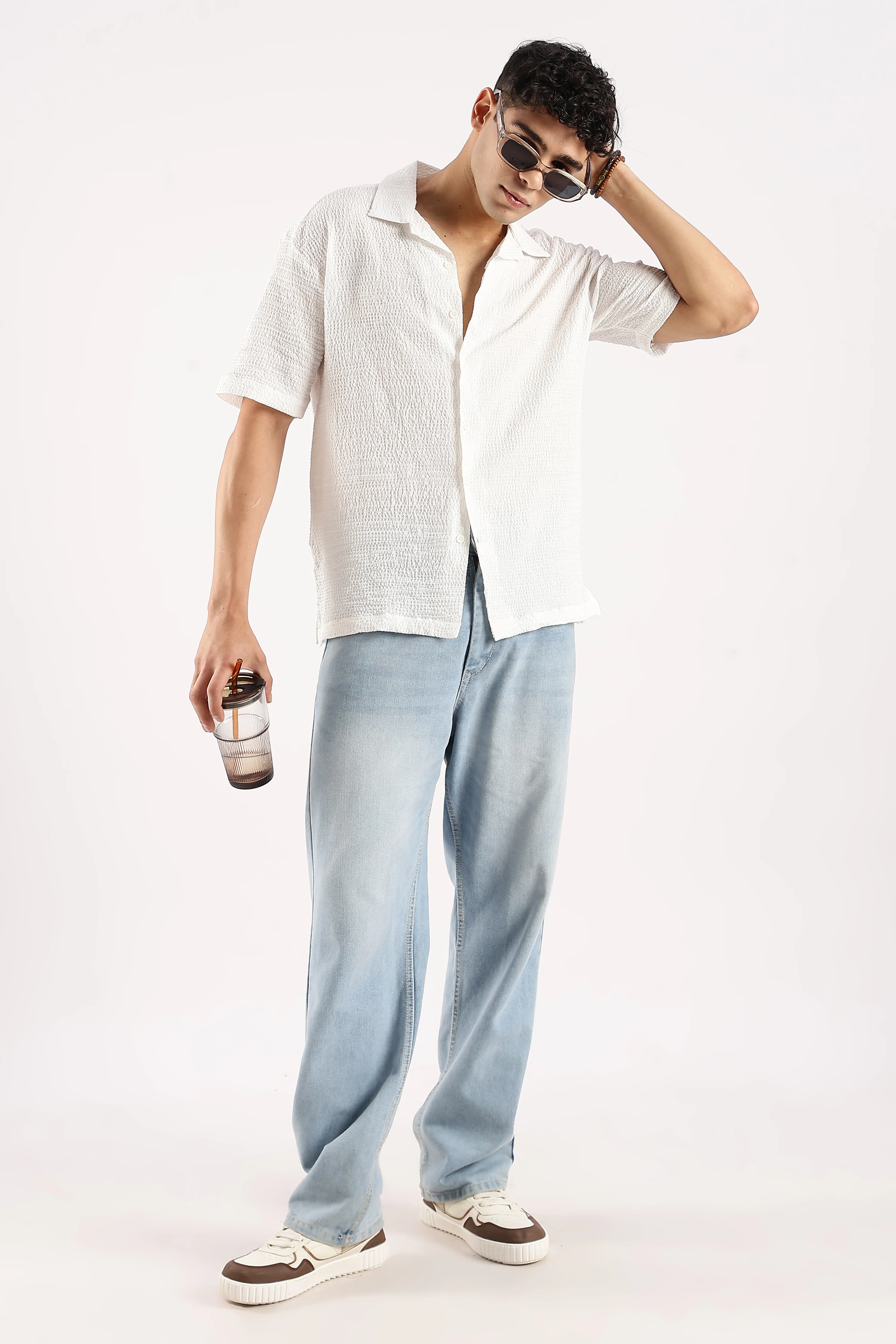 Men White Poly Textured Shirt - Image 7