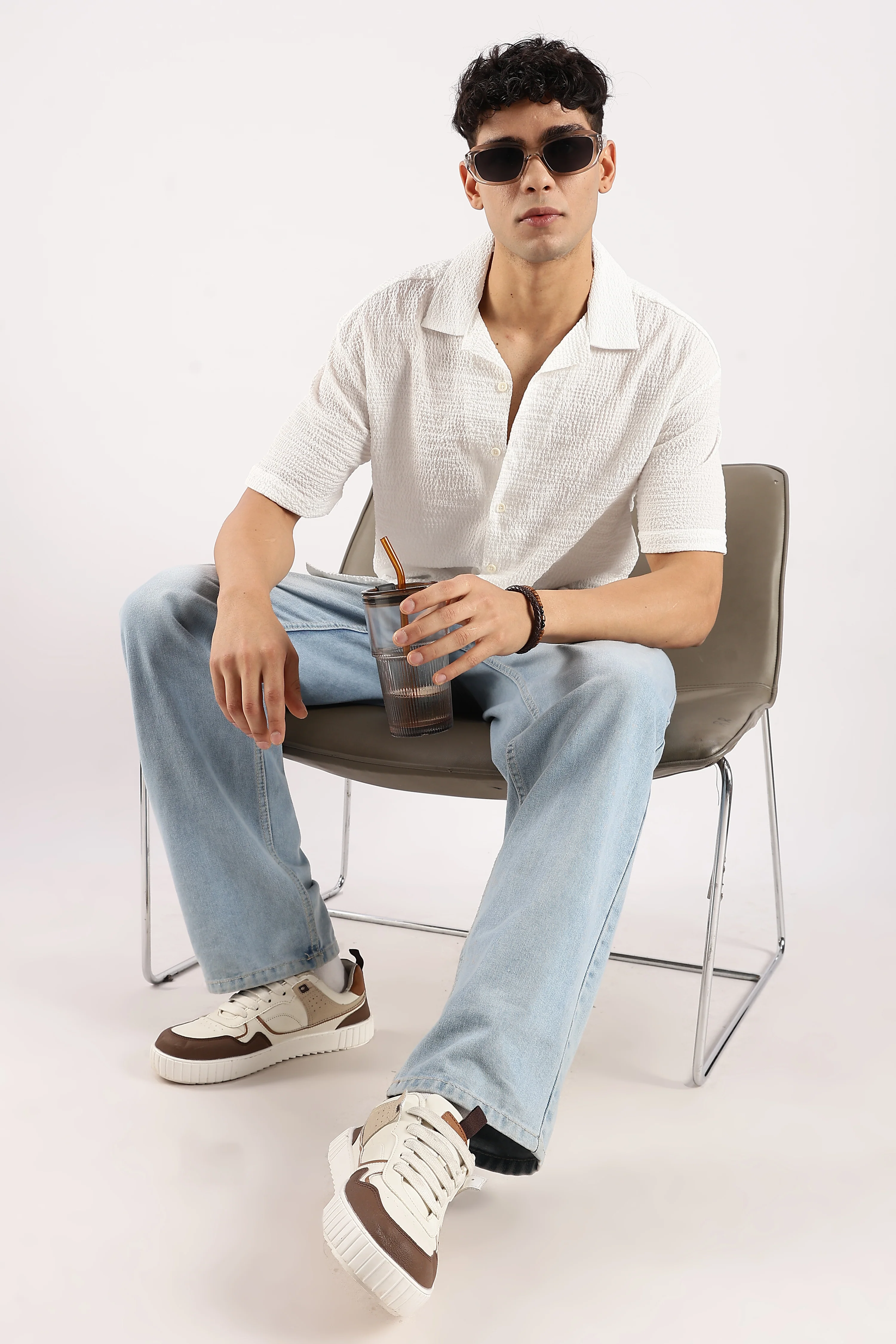 Men White Poly Textured Shirt - Image 8
