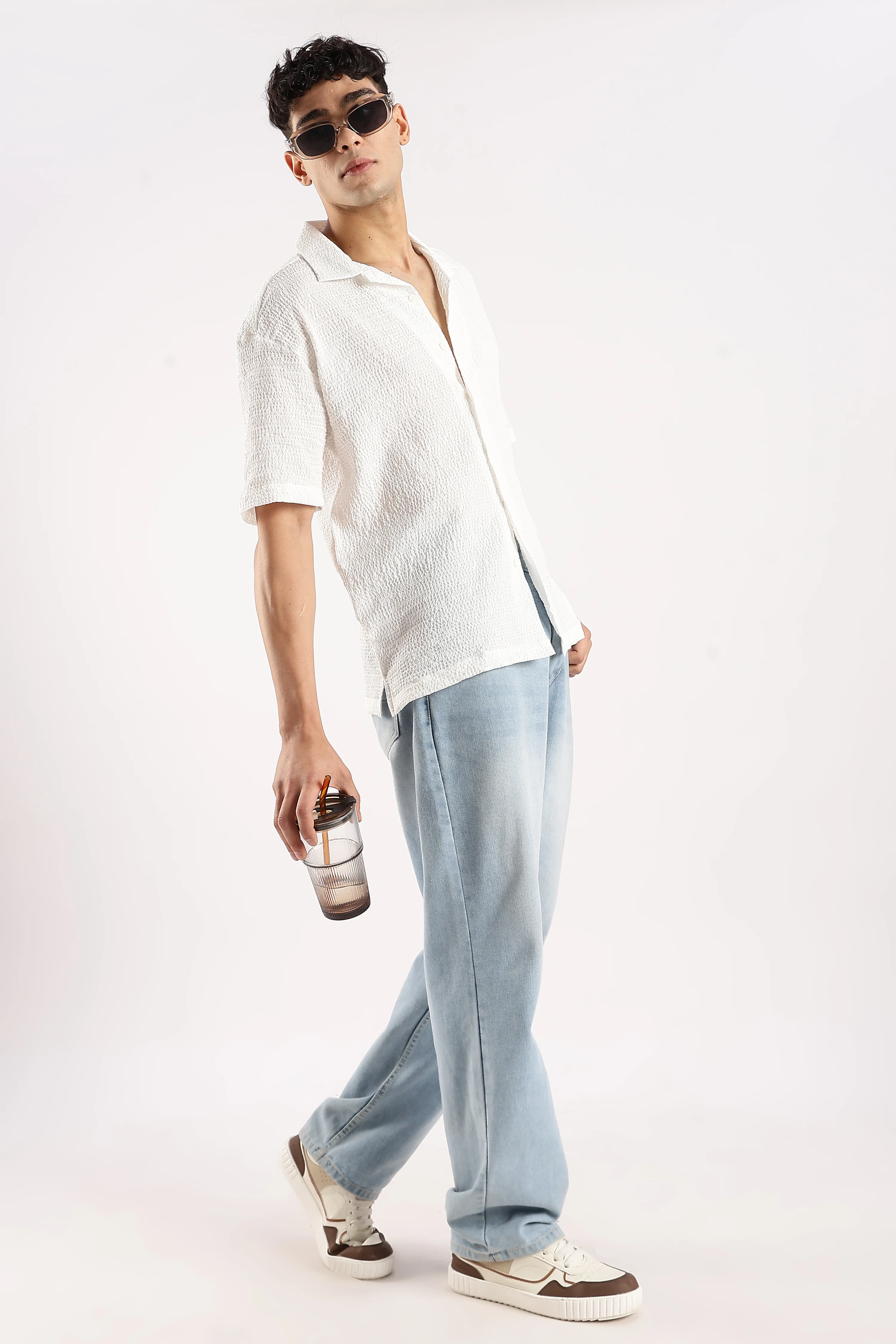 Men White Poly Textured Shirt - Image 9