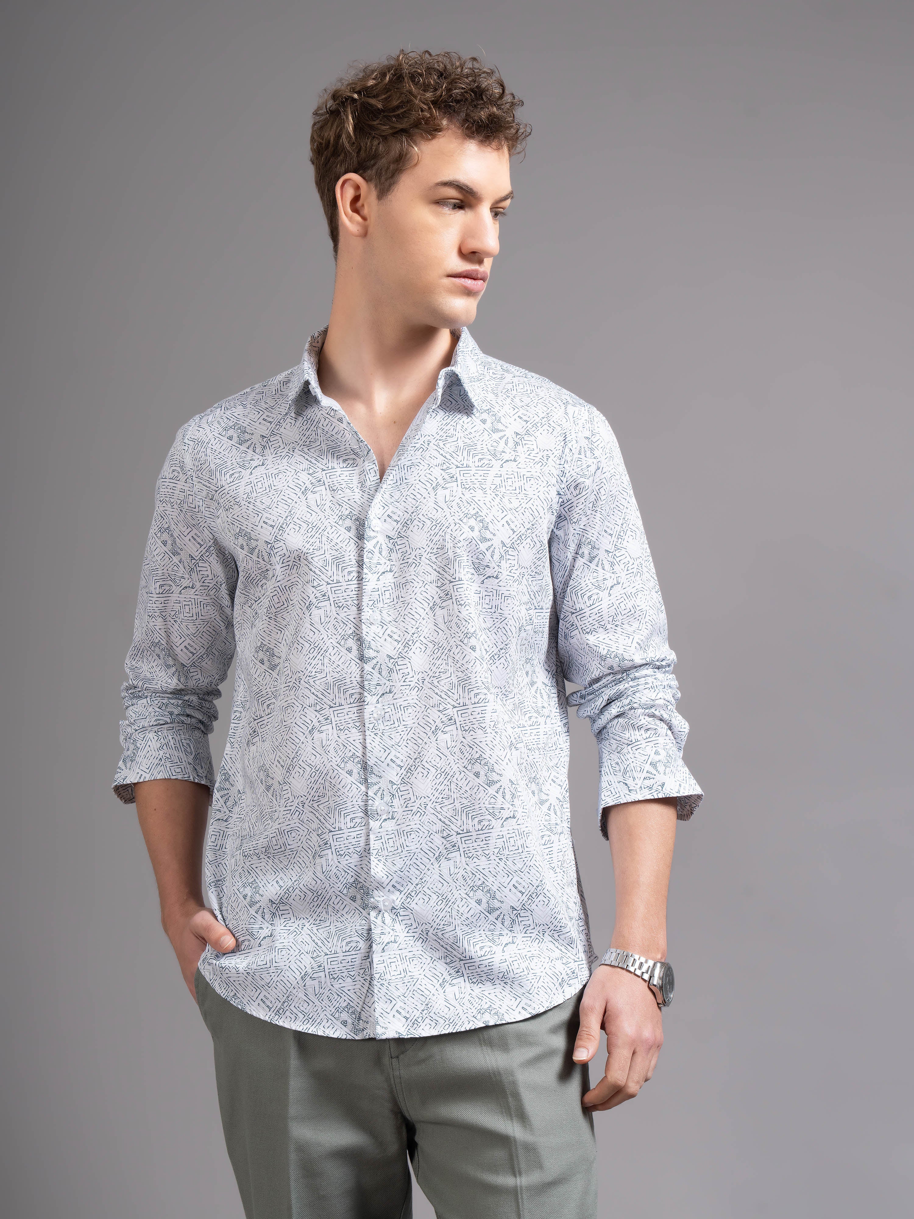 Men White Printed Shirt - Image 2