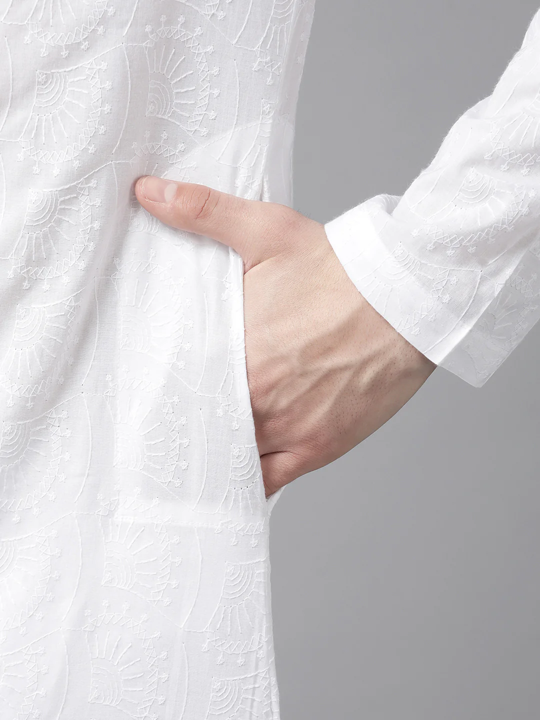 Men White Pure Cotton Chikankari Embroidered Straight Kurta - Image 3