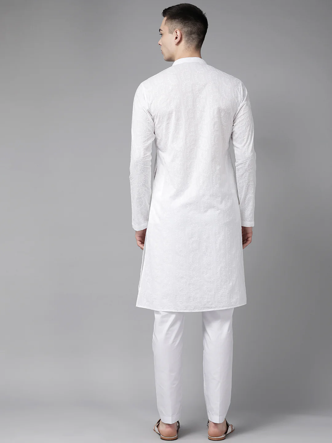 Men White Pure Cotton Chikankari Embroidered Straight Kurta - Image 4