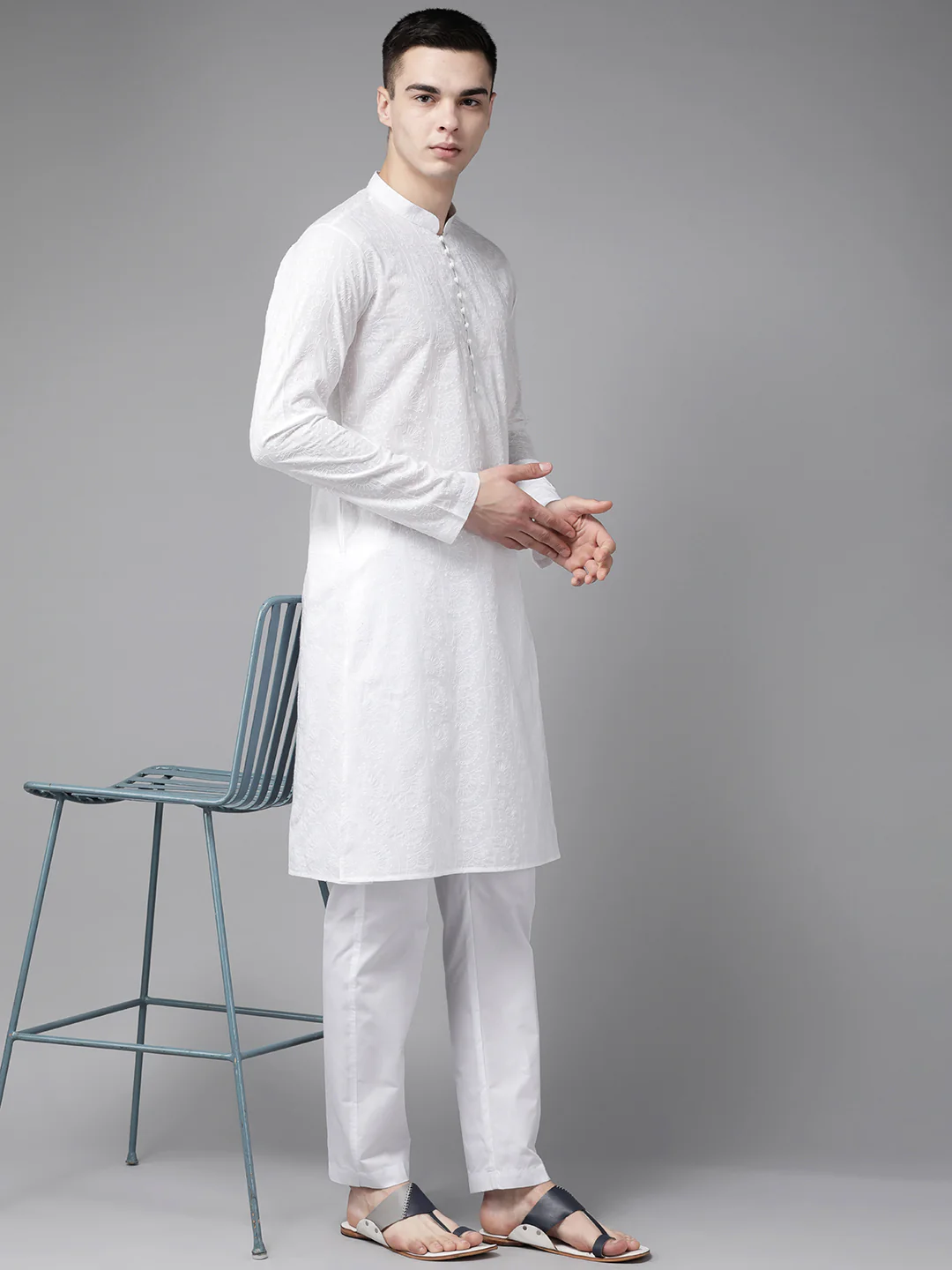 Men White Pure Cotton Chikankari Embroidered Straight Kurta - Image 5