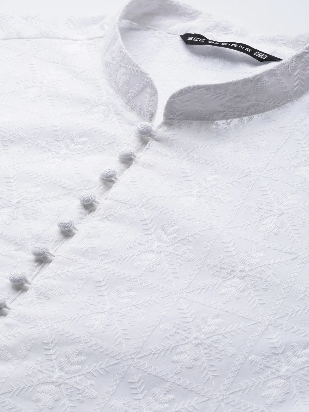 Men White Pure Cotton Chikankari Embroidered Straight Kurta - Image 2
