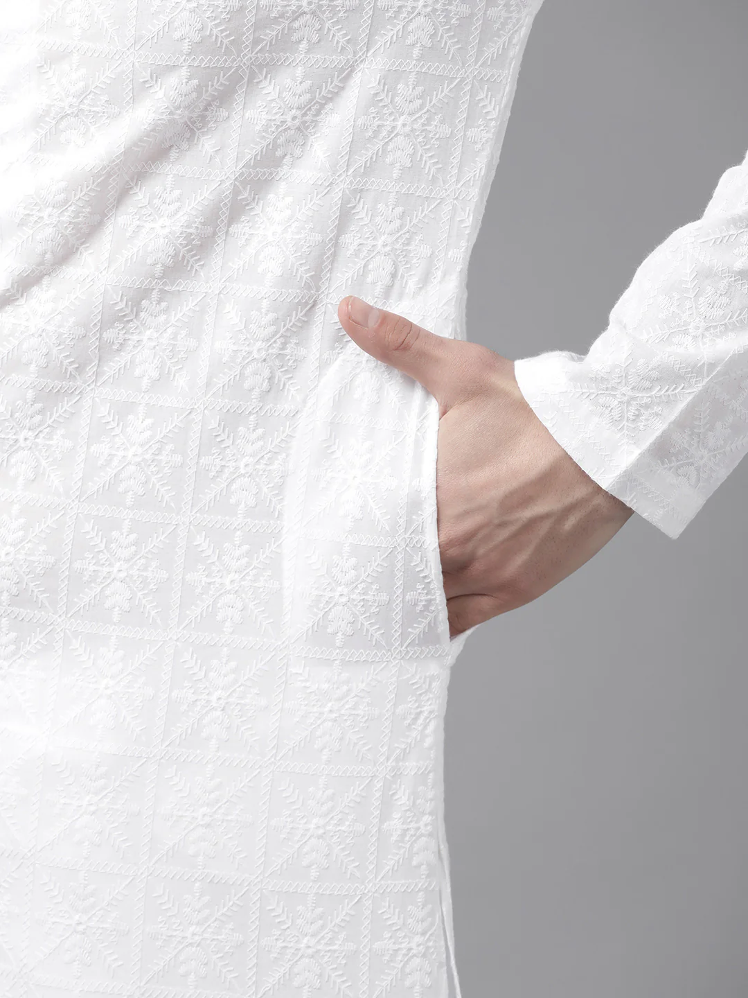 Men White Pure Cotton Chikankari Embroidered Straight Kurta - Image 3