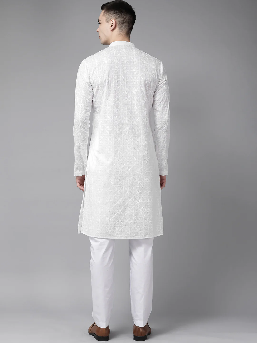 Men White Pure Cotton Chikankari Embroidered Straight Kurta - Image 5