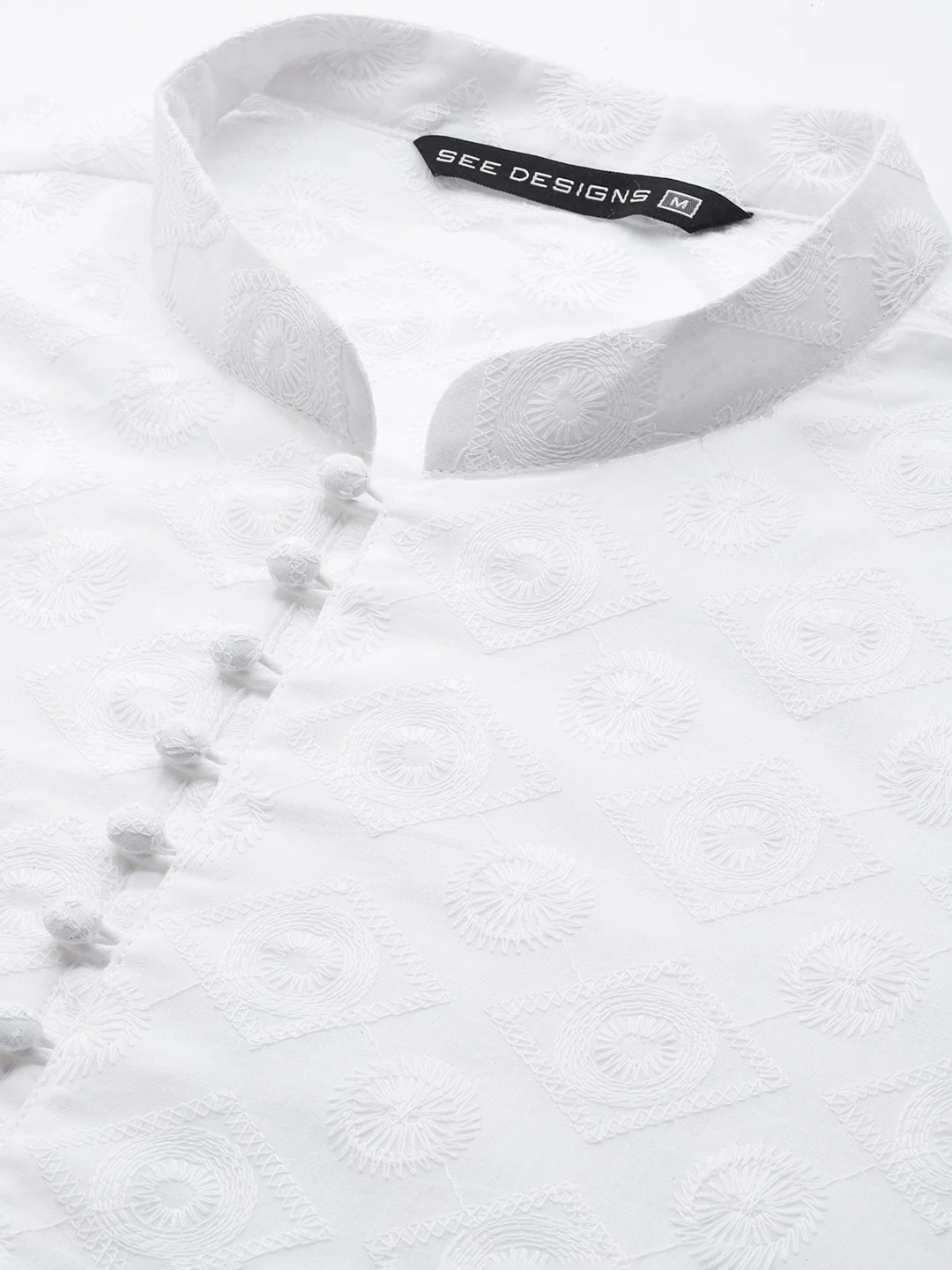 Men White Pure Cotton Chikankari Embroidered Straight Kurta - Image 2