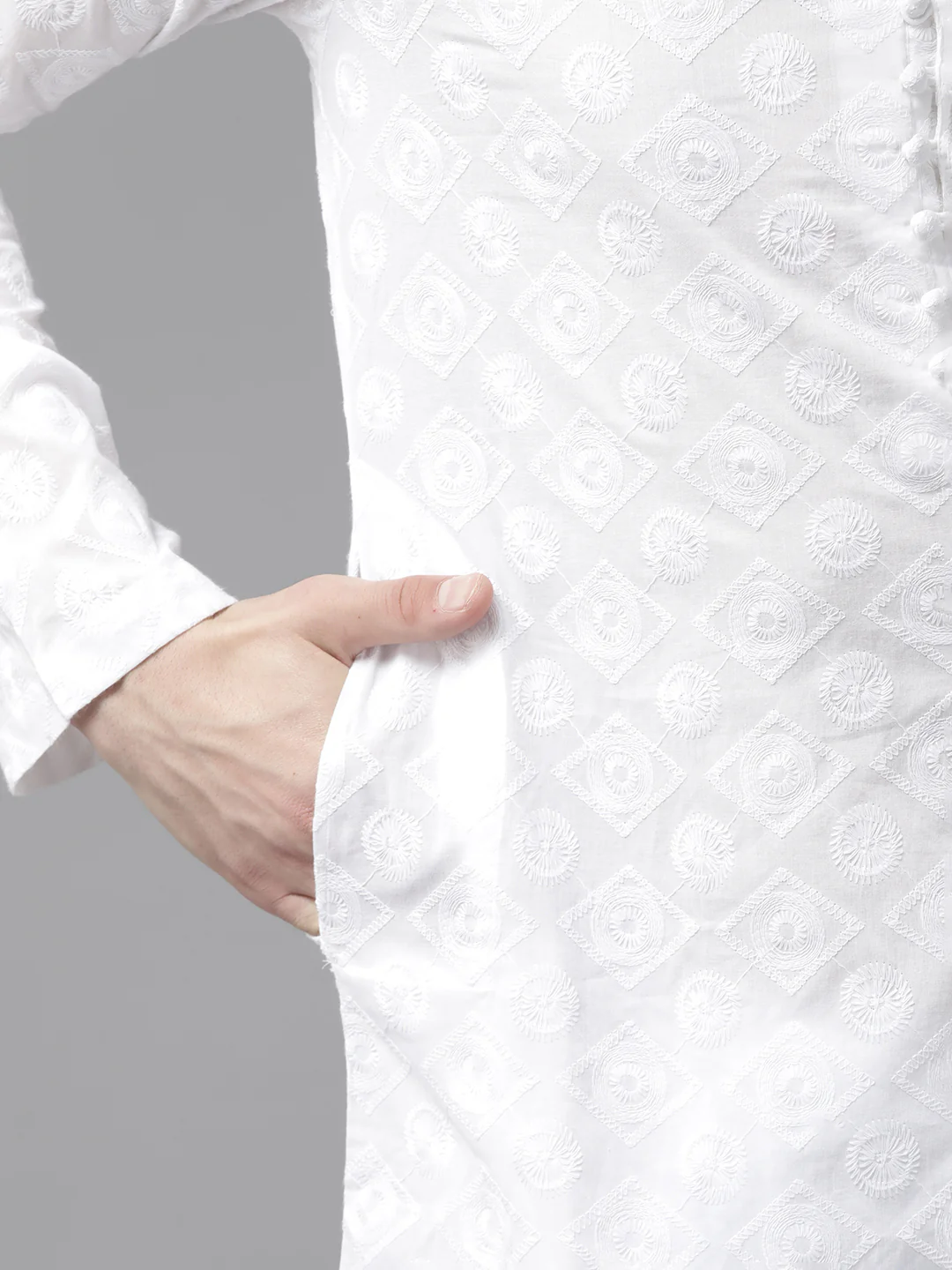 Men White Pure Cotton Chikankari Embroidered Straight Kurta - Image 3